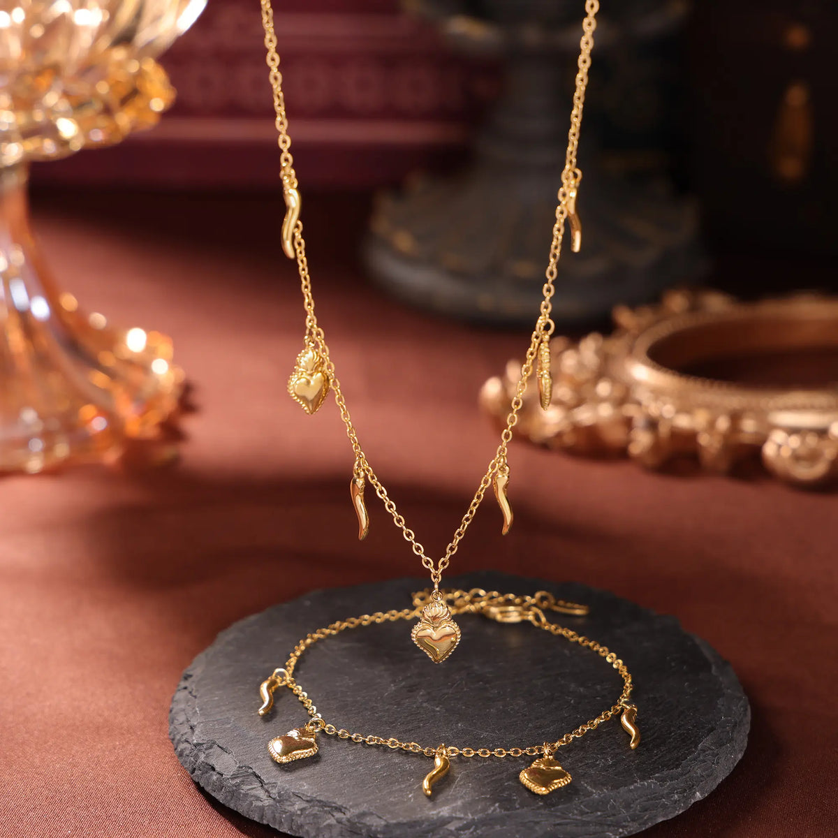 Sacred Heart & Italian Horn Charm Layered Necklace & Bracelet Set