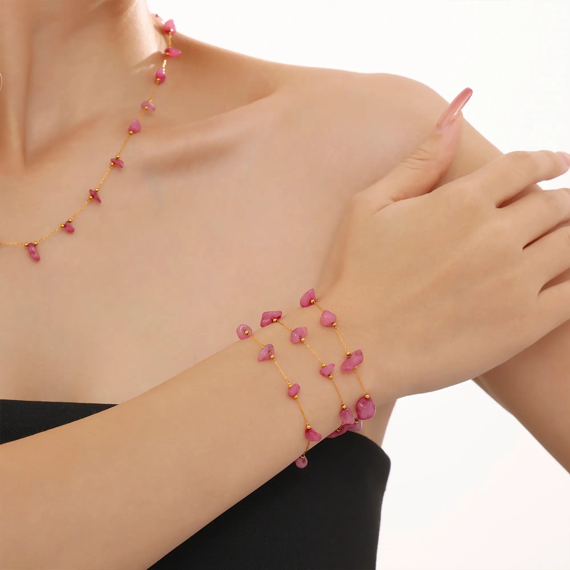 Boho Pink Raw Gemstone Necklace & Bracelet Set