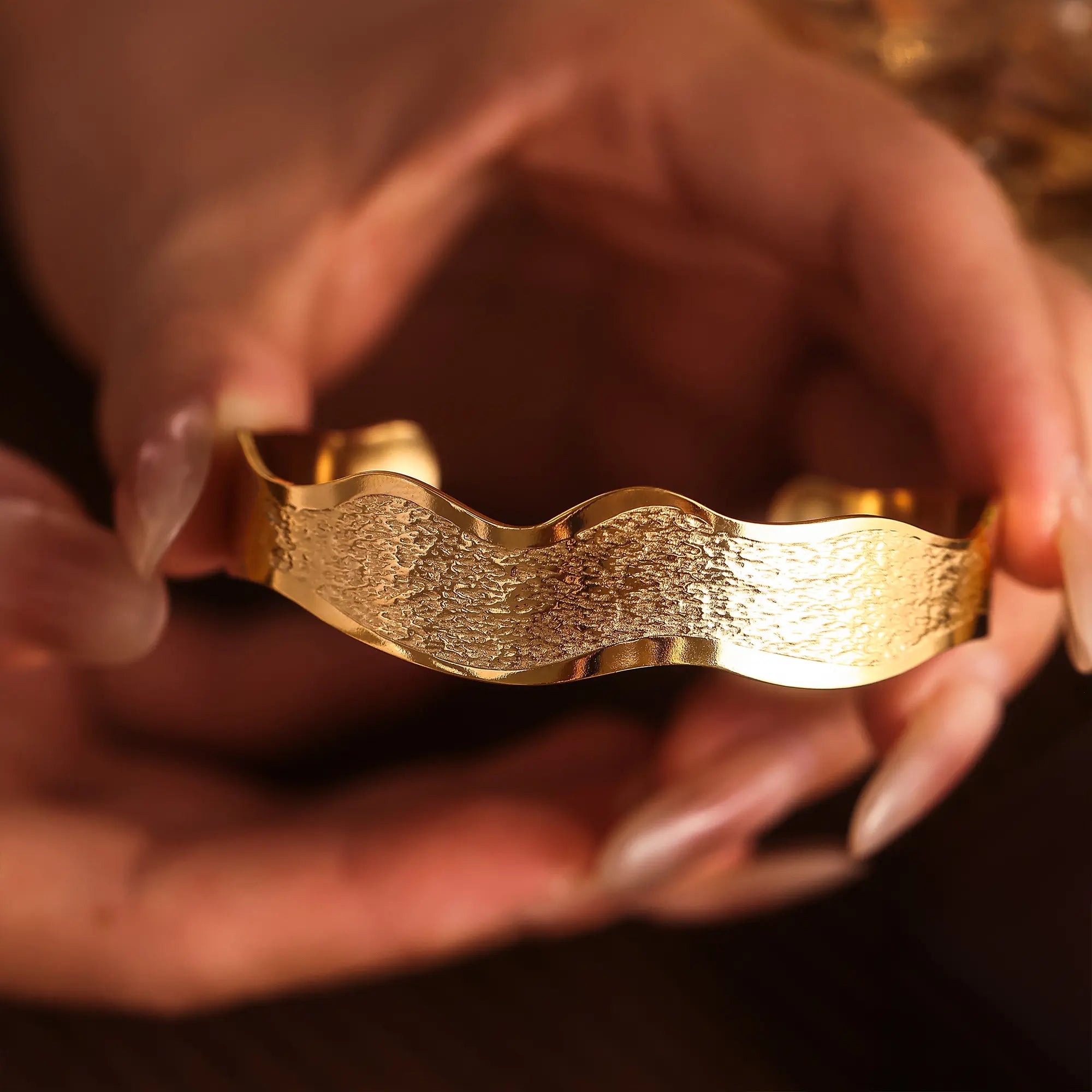 Textured Wave Open Cuff Bangle