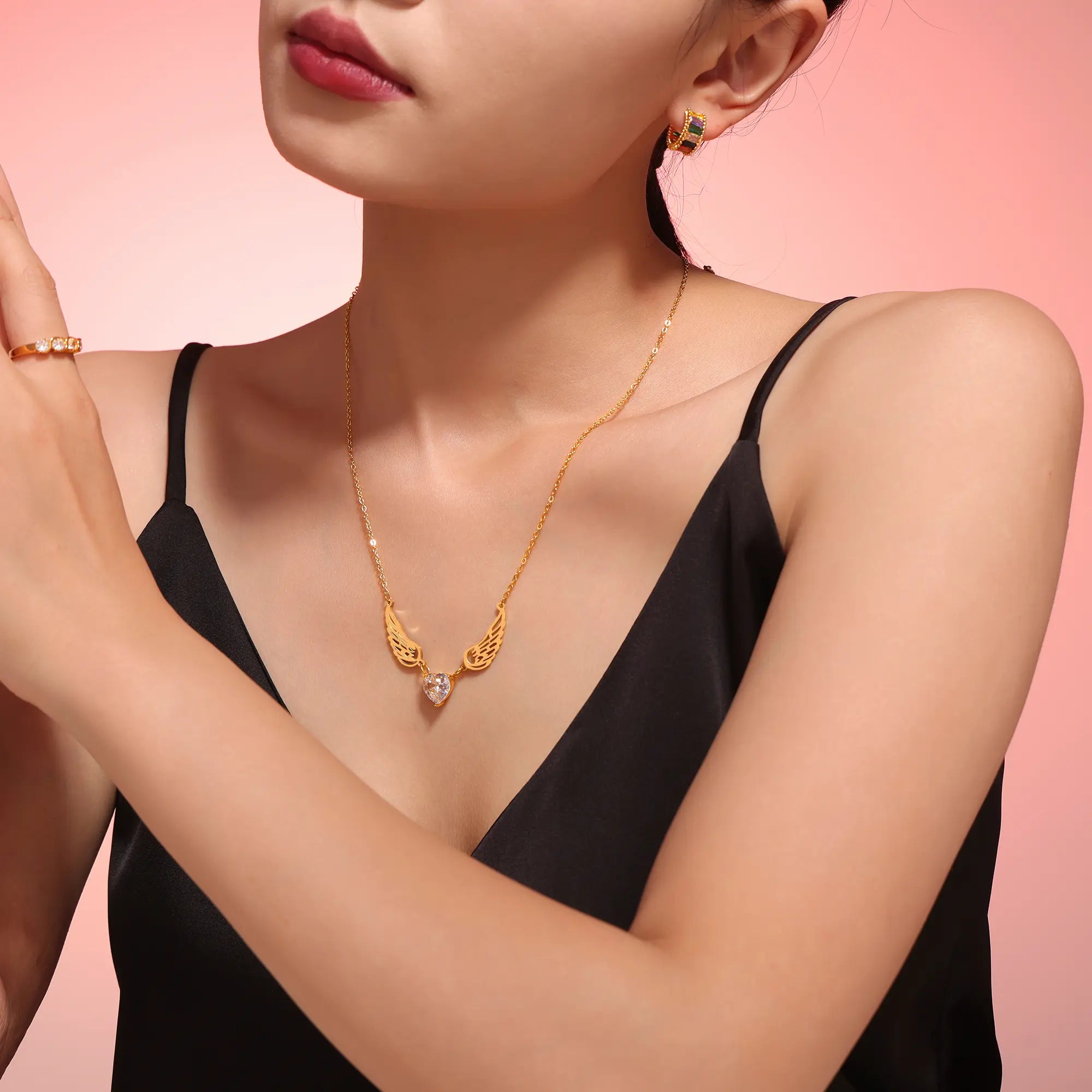 Angel Wings Heart Cubic Zirconia Pendant Necklace