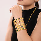 18K Gold Plated Clover Gemstone Hinged Bangle Bracelet