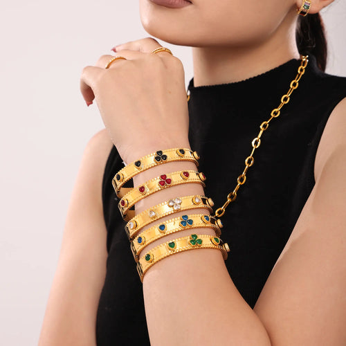 18K Gold Plated Clover Gemstone Hinged Bangle Bracelet