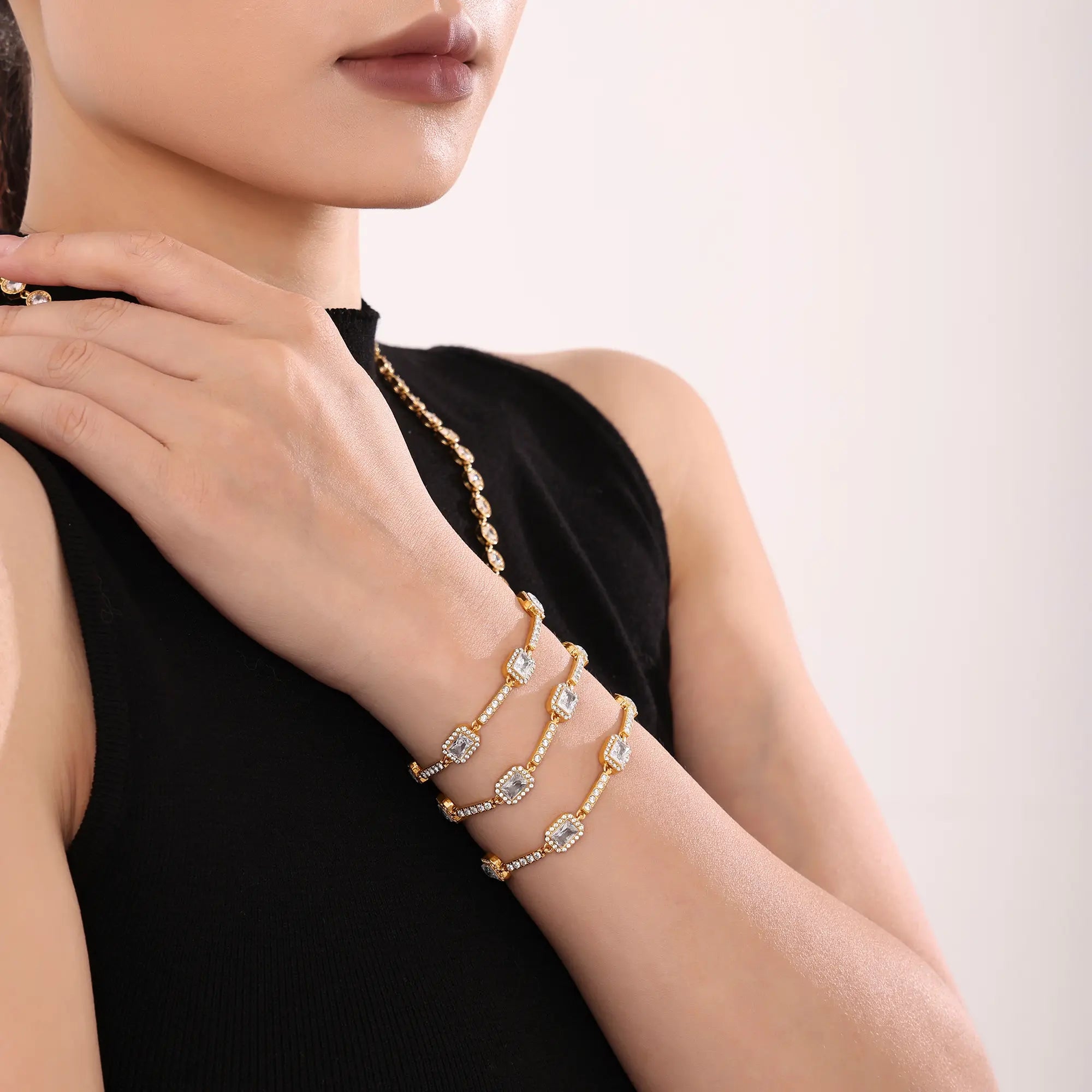 18K Gold Plated Emerald Cut CZ Geometric Station Bracelet