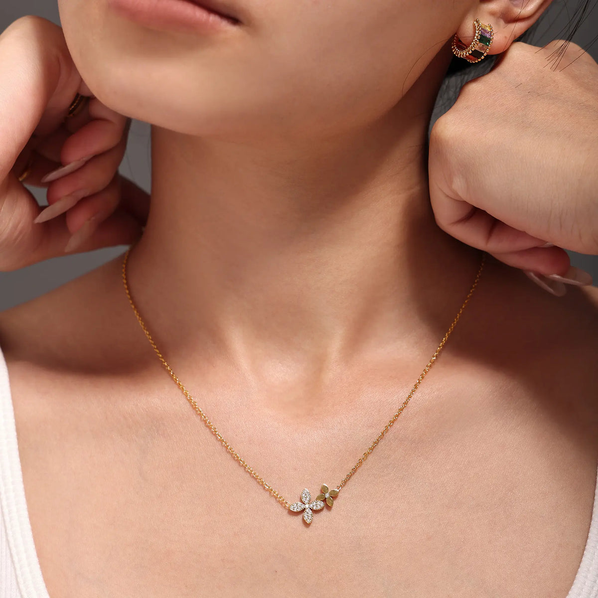 Dainty CZ Double Flower Layered Necklace & Bracelet Set