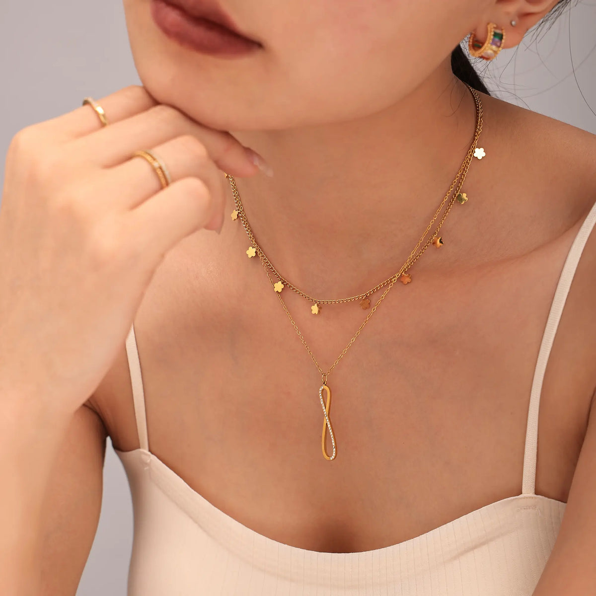 CZ Pave Infinity Loop Pendant Necklace & Curved Bar Bracelet Set