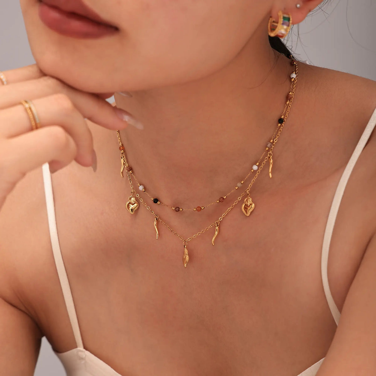 Sacred Heart & Italian Horn Charm Layered Necklace & Bracelet Set