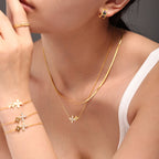 Dainty CZ Double Flower Layered Necklace & Bracelet Set