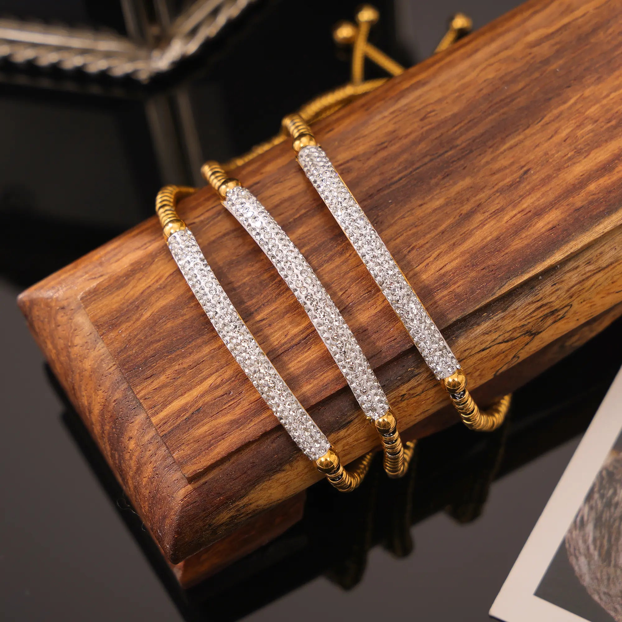 18K Gold Plated Curved Pave CZ Bar Snake Chain Slider Bracelet