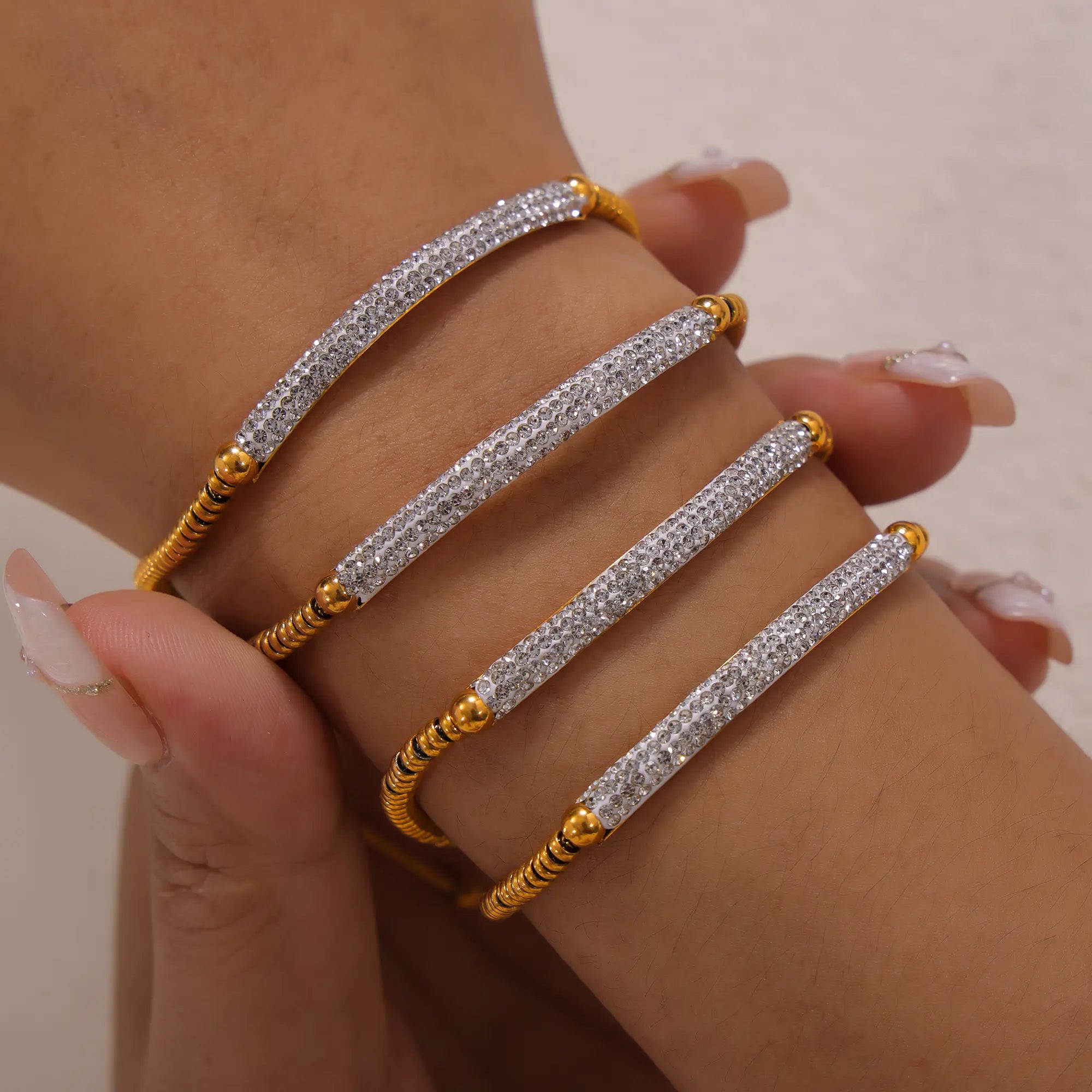 18K Gold Plated Curved Pave CZ Bar Snake Chain Slider Bracelet