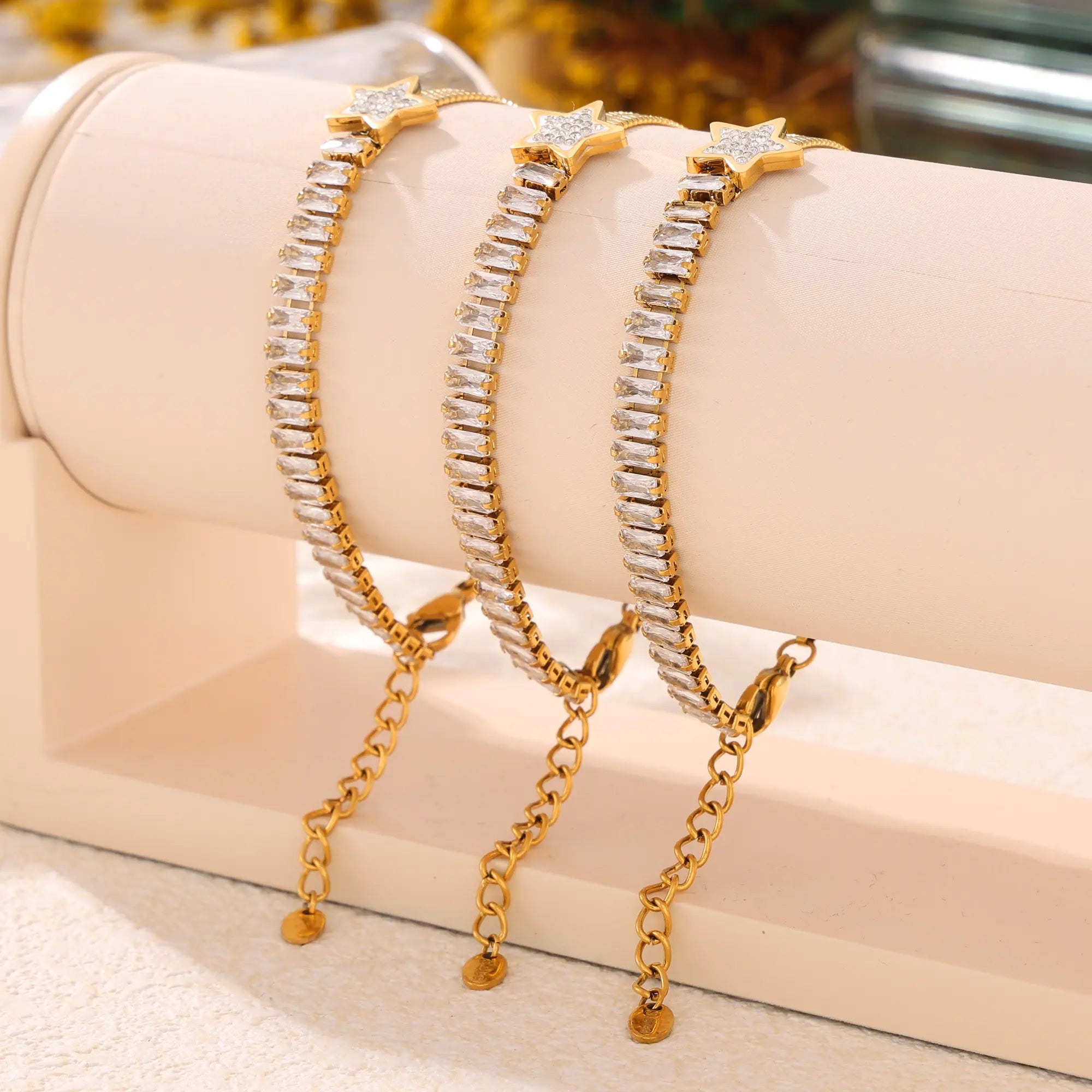 18K Gold Plated Star Baguette Cubic Zirconia Herringbone Bracelet