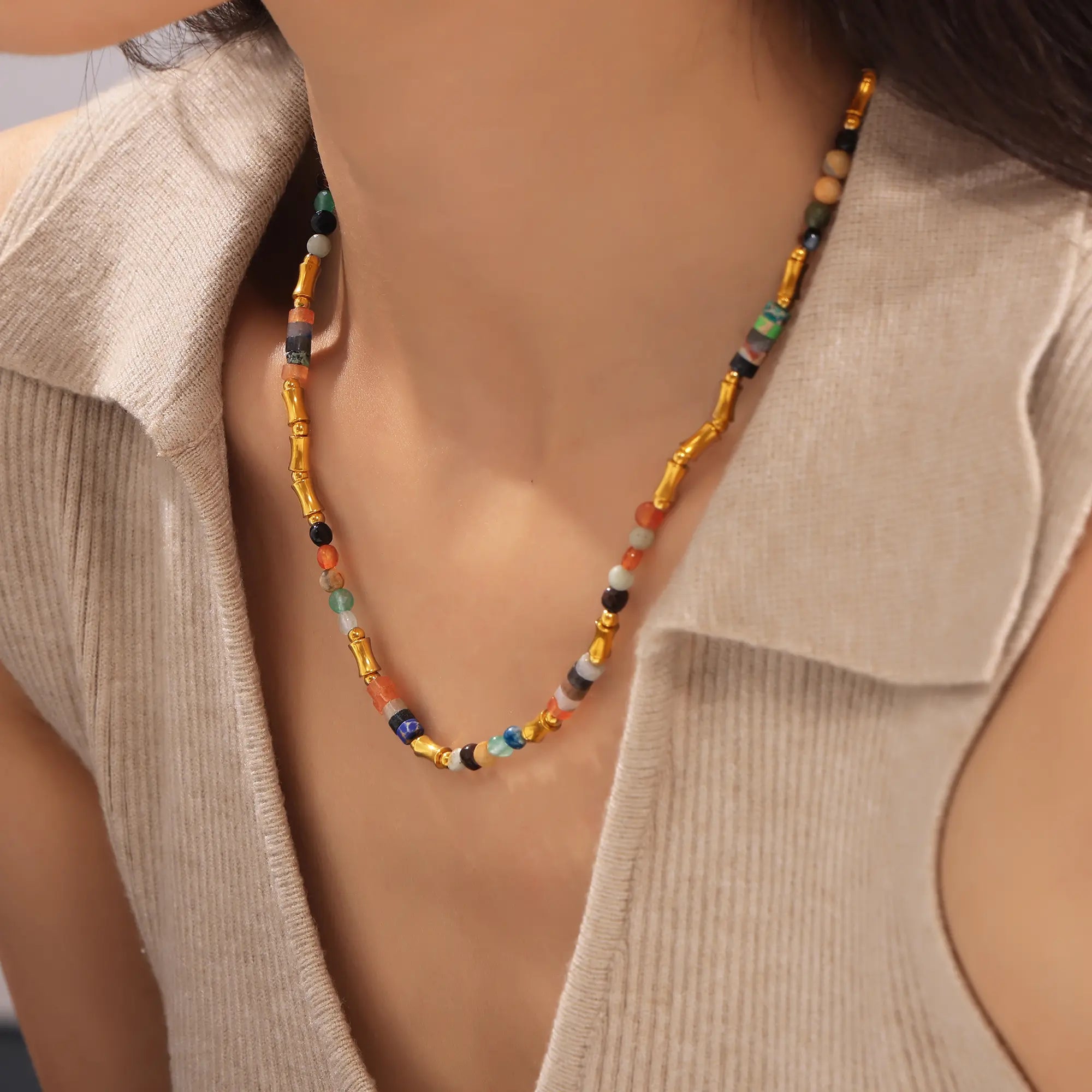Boho Colorful Natural Stone Beaded Choker Necklace