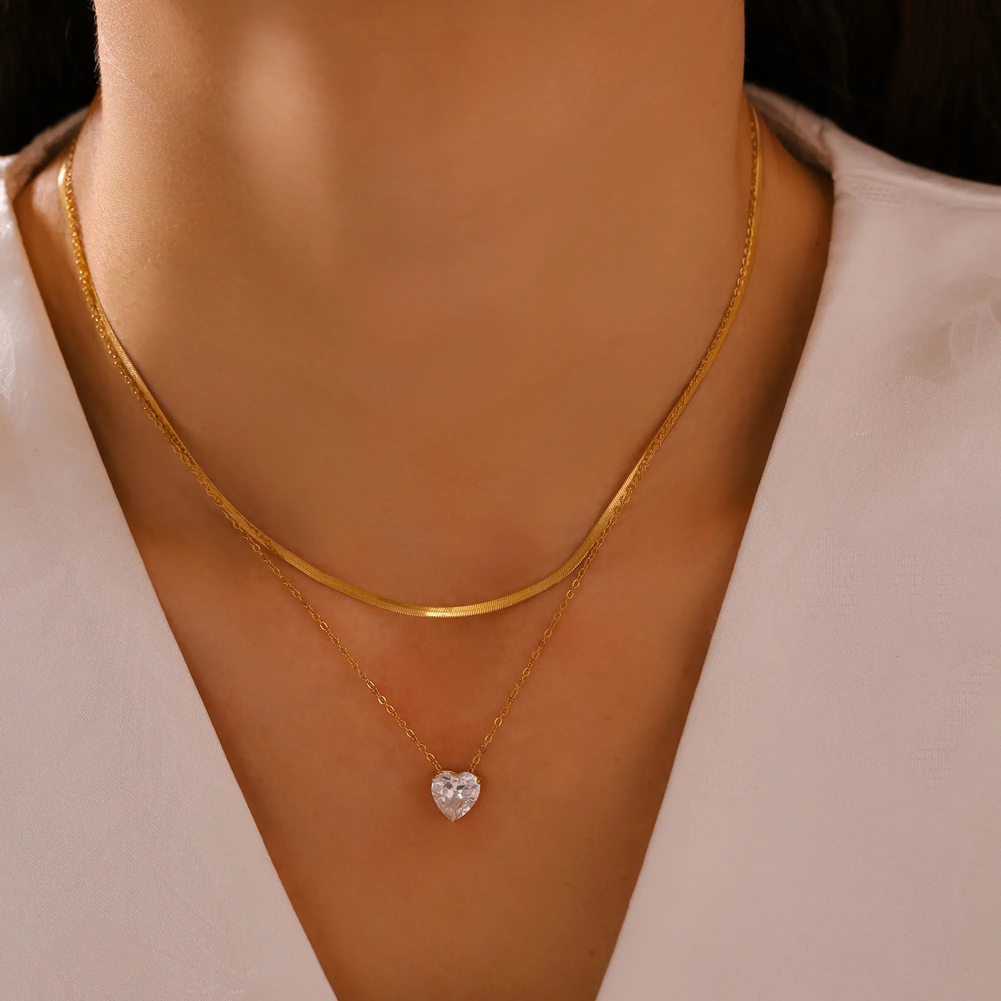Heart CZ Layered Pendant Necklace