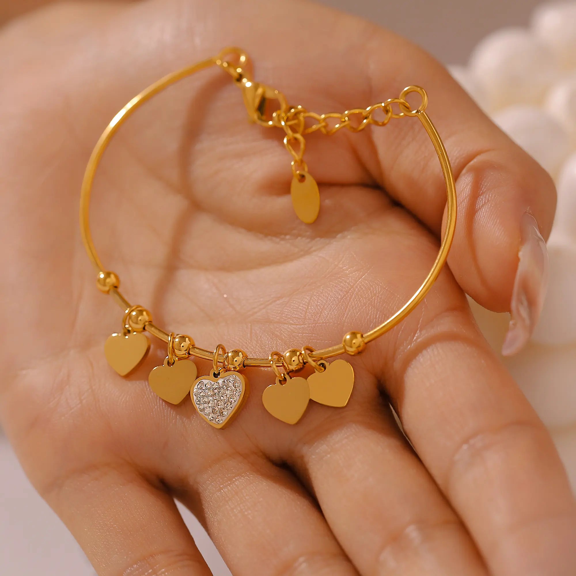 Pave Crystal Heart Charm Bangle Bracelet