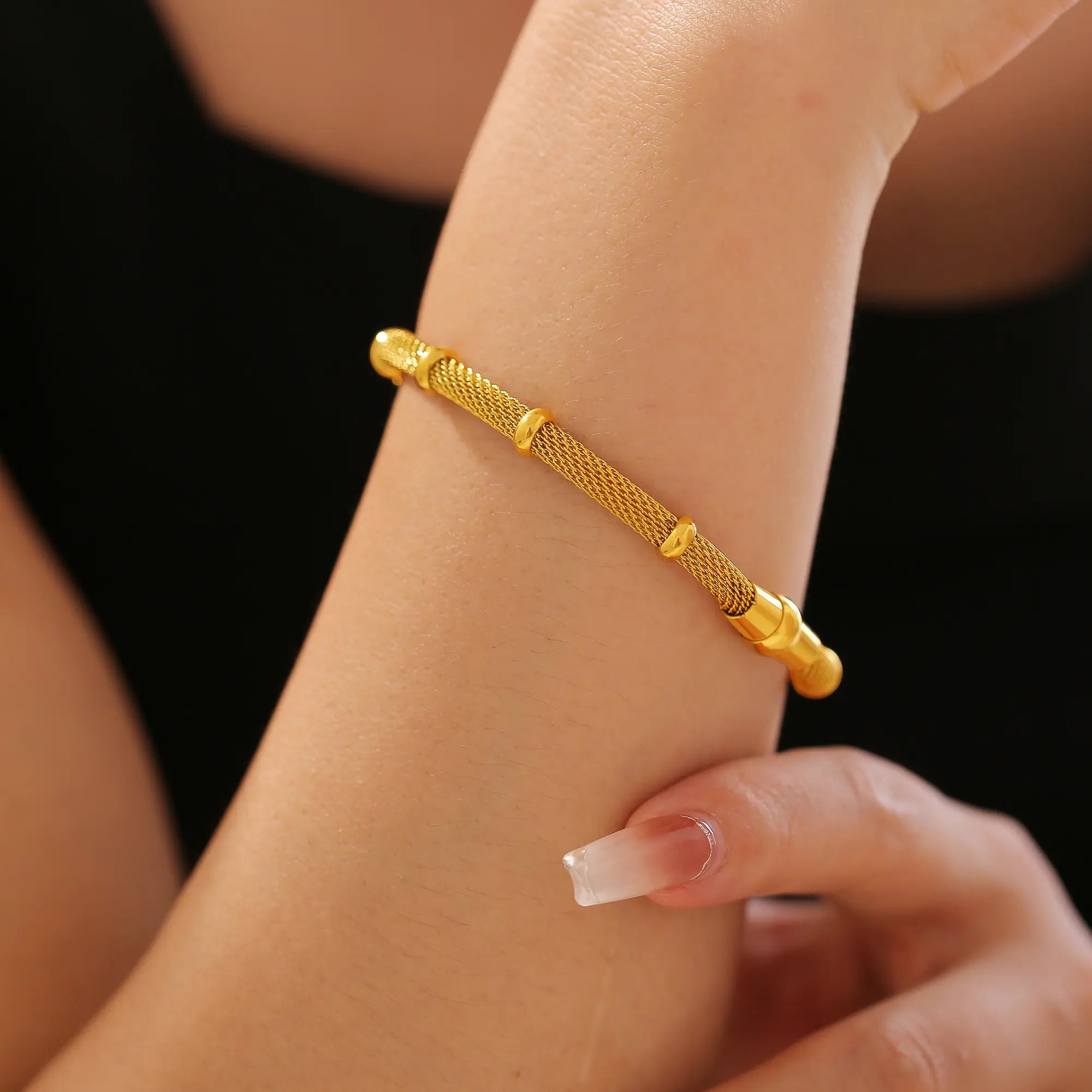 18K Gold Bamboo Mesh Chain Bracelet