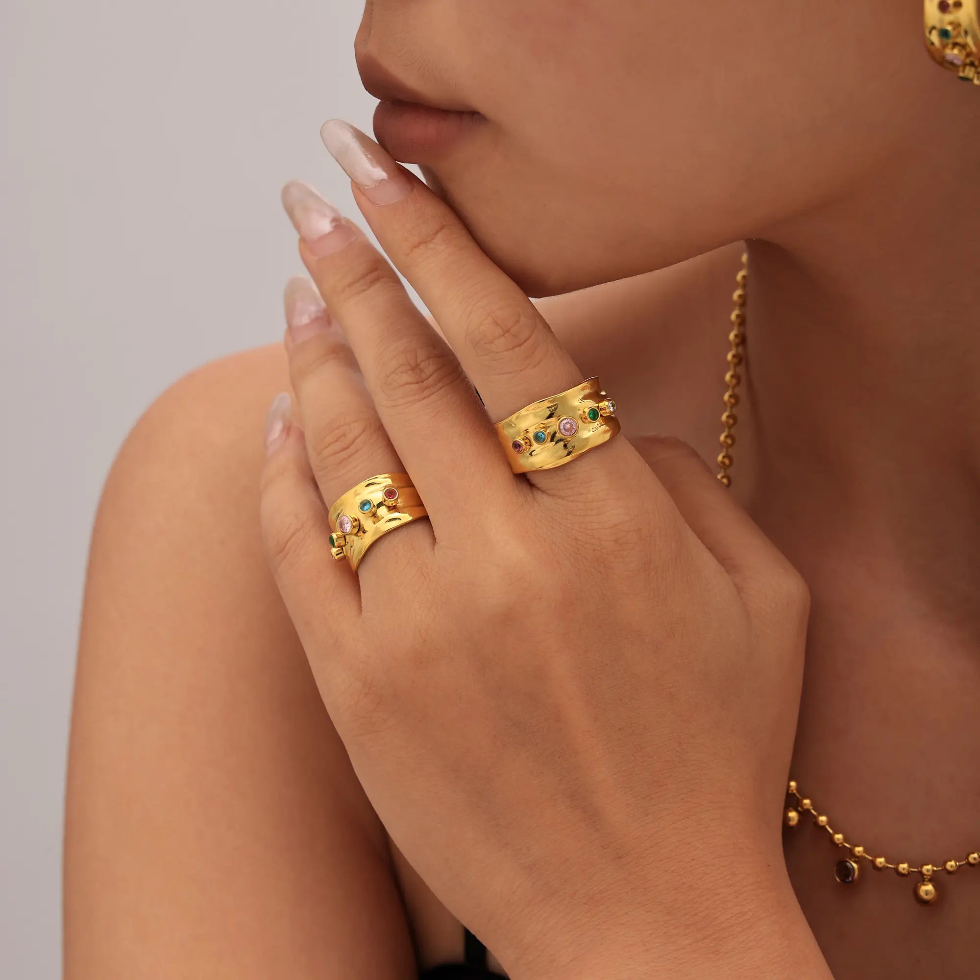 Textured Gemstone Hoop Earrings & Adjustable Ring
