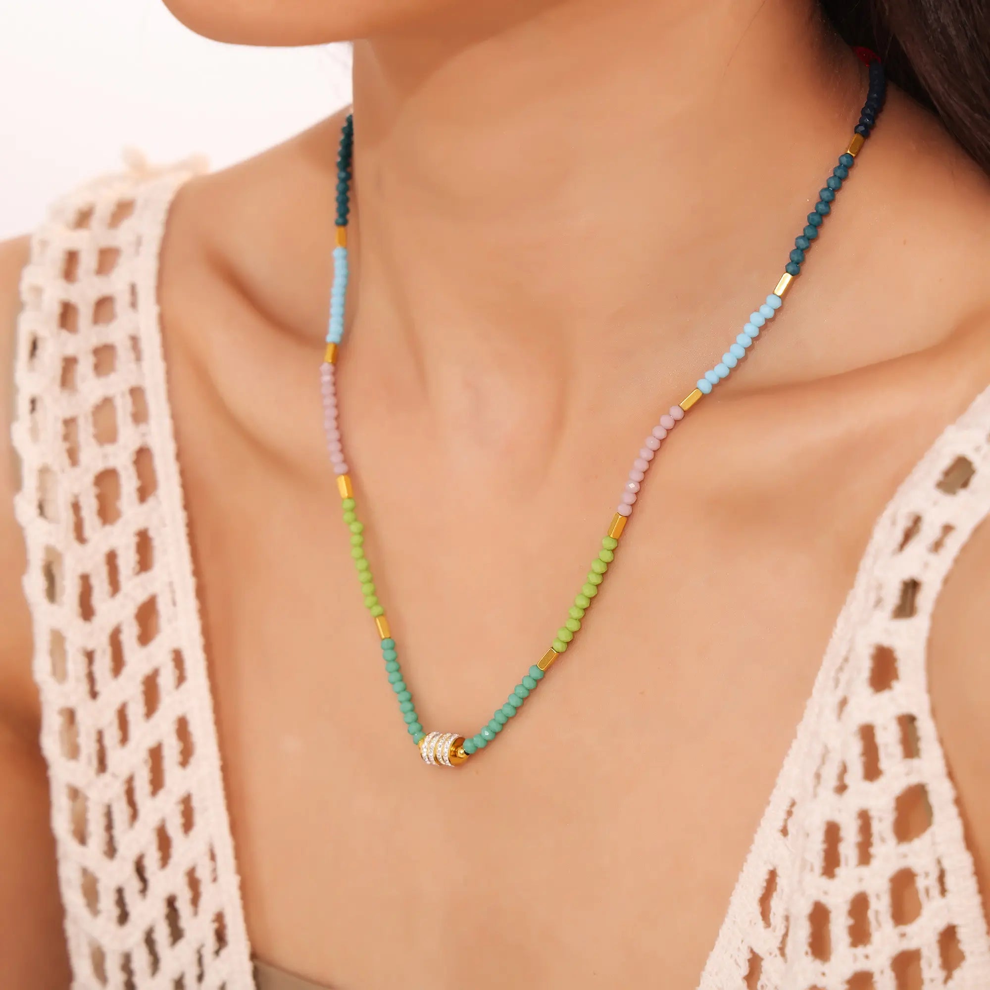 Dopamine Colorful Beaded CZ Charm Choker Necklace
