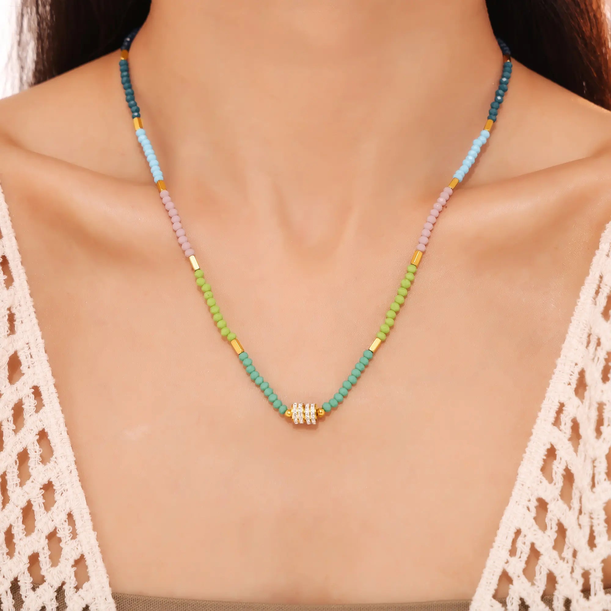 Dopamine Colorful Beaded CZ Charm Choker Necklace