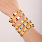 18K Gold Plated Clover Gemstone Hinged Bangle Bracelet