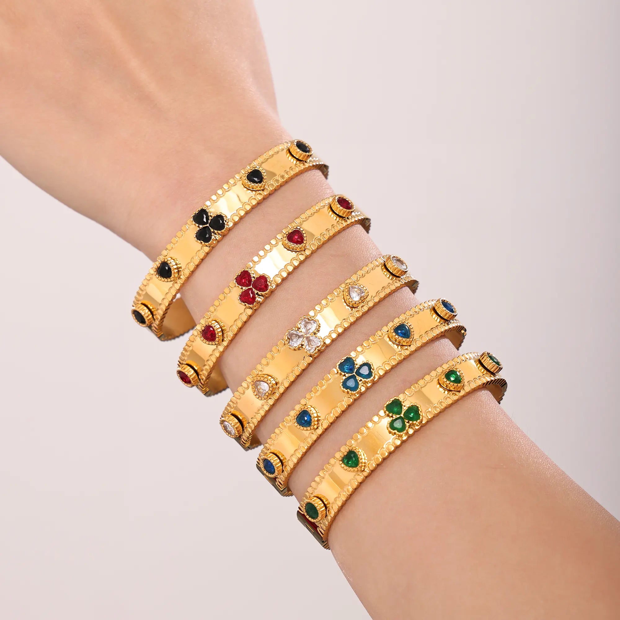 18K Gold Plated Clover Gemstone Hinged Bangle Bracelet
