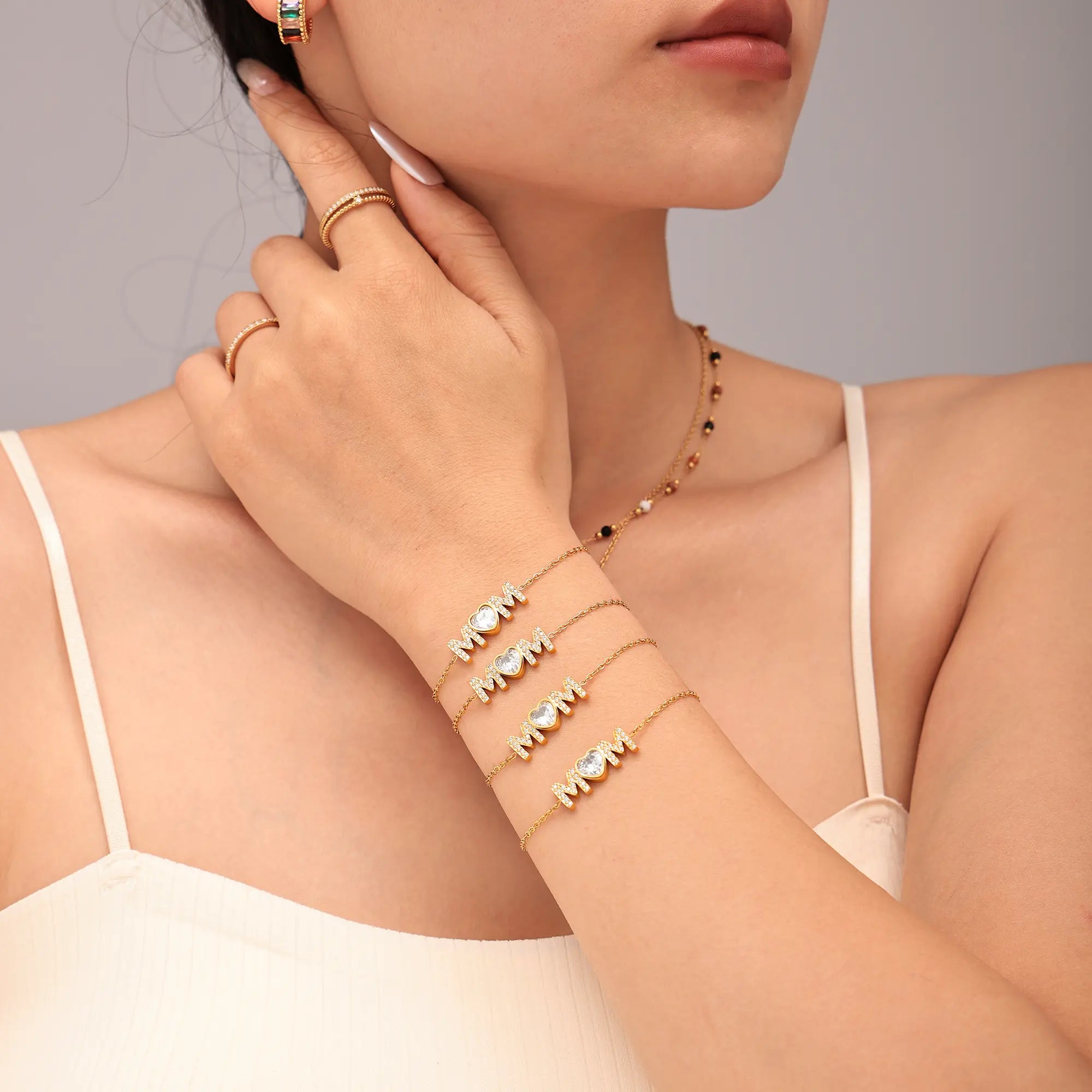 18K Gold Plated MOM Heart Crystal Chain Bracelet