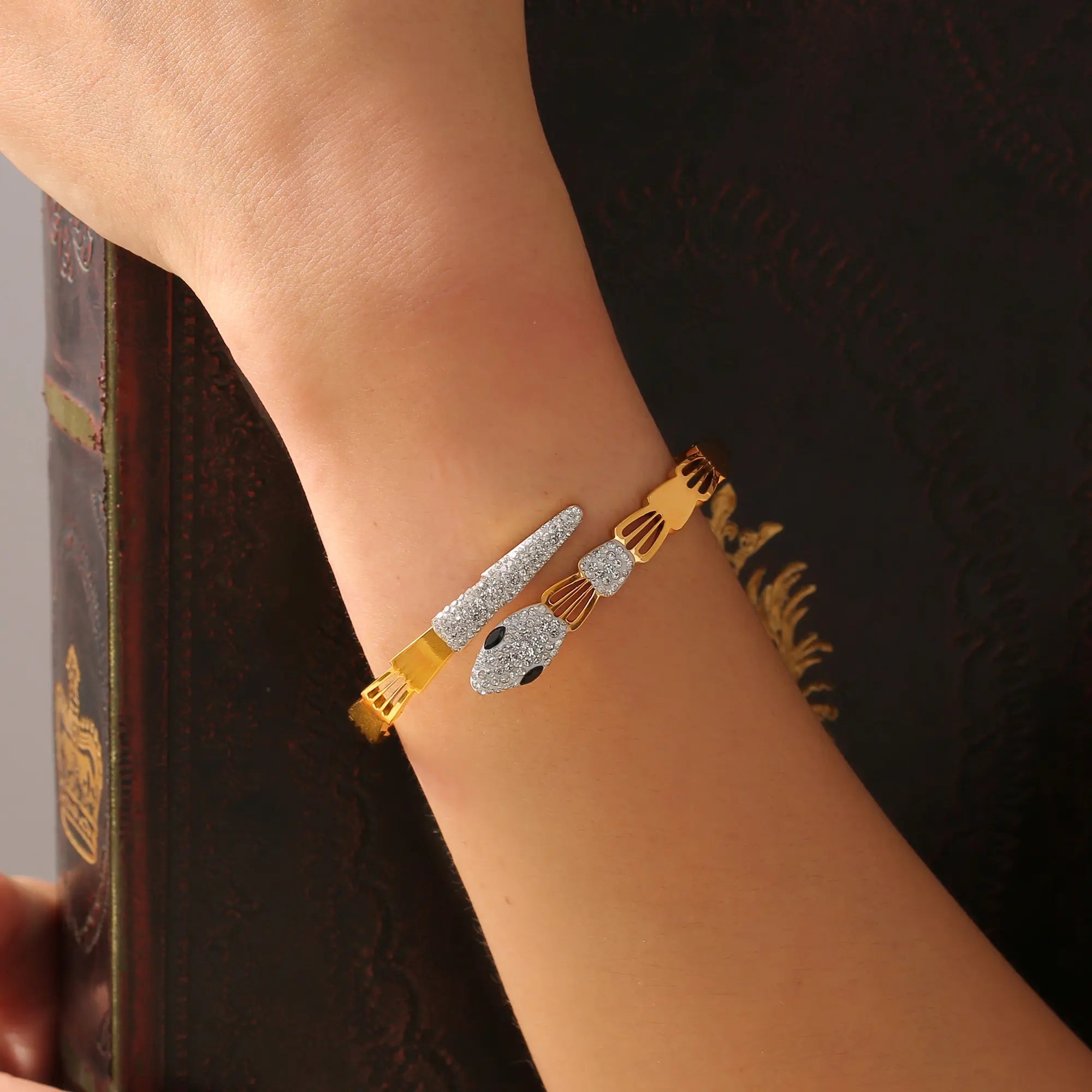 Pave Crystal Snake Motif Cutout Hinge Bangle