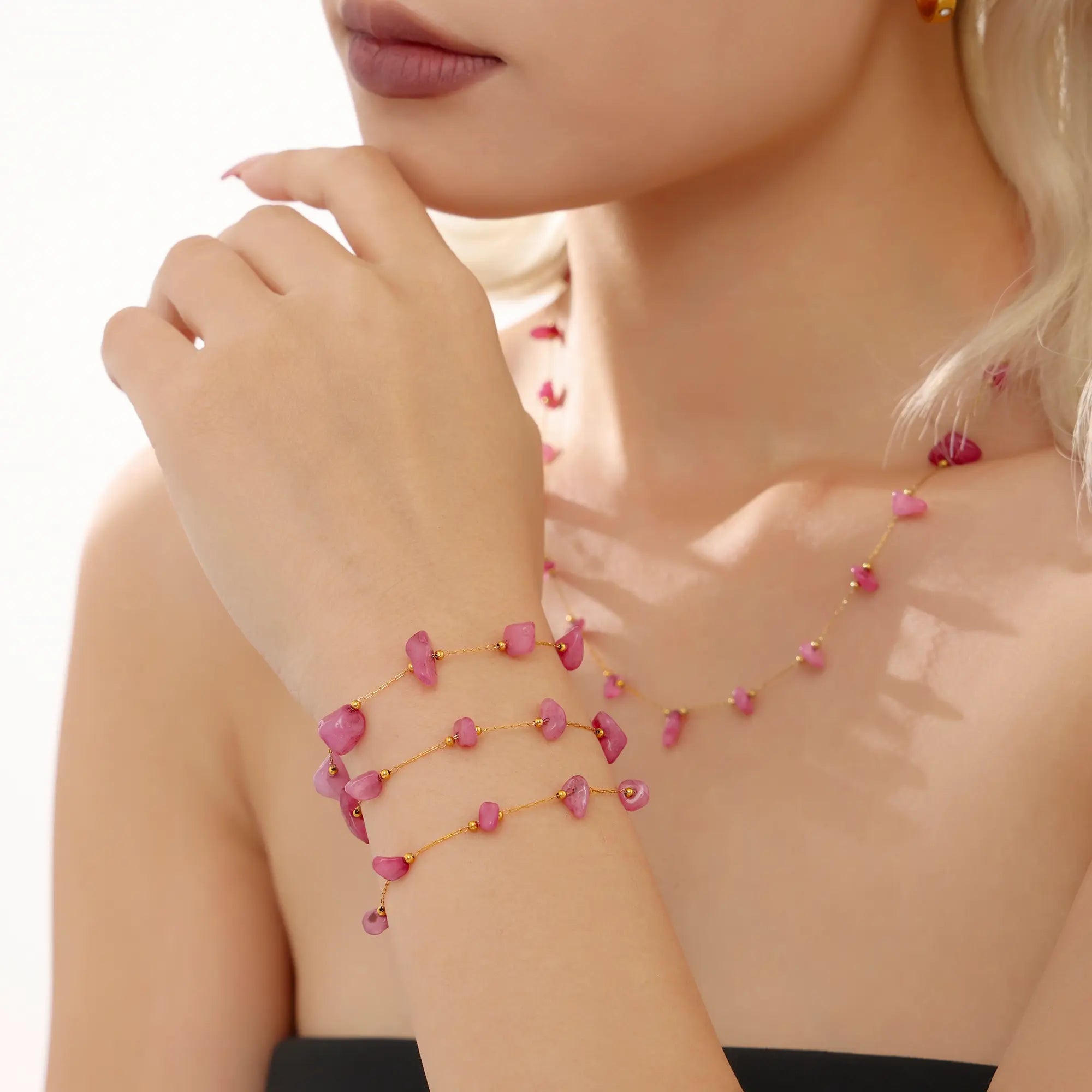 Boho Pink Raw Gemstone Necklace & Bracelet Set