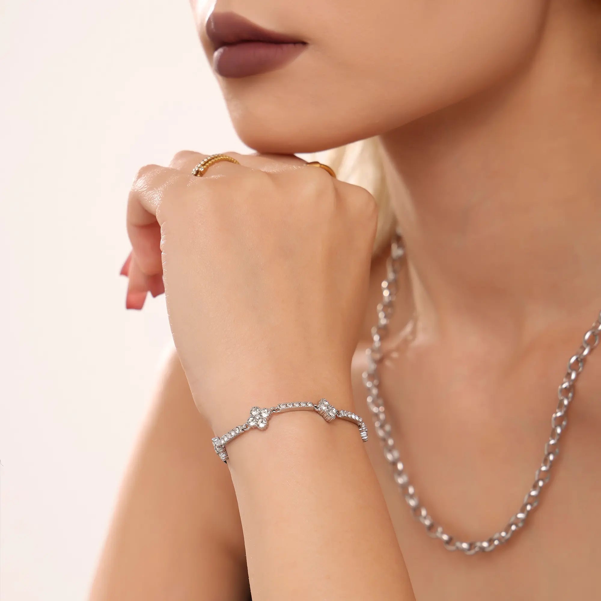 18K Gold Plated Sparkling CZ Clover Station Bracelet