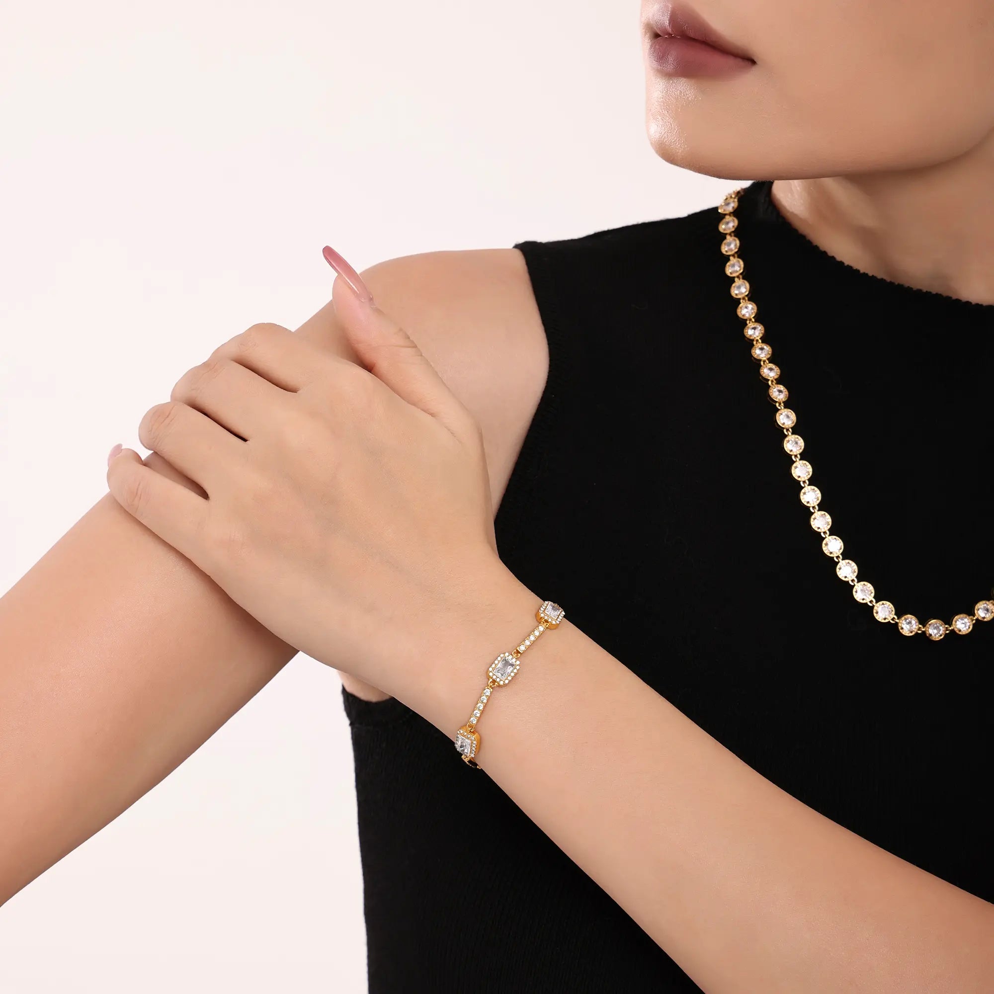 18K Gold Plated Emerald Cut CZ Geometric Station Bracelet
