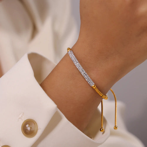 18K Gold Plated Curved Pave CZ Bar Snake Chain Slider Bracelet