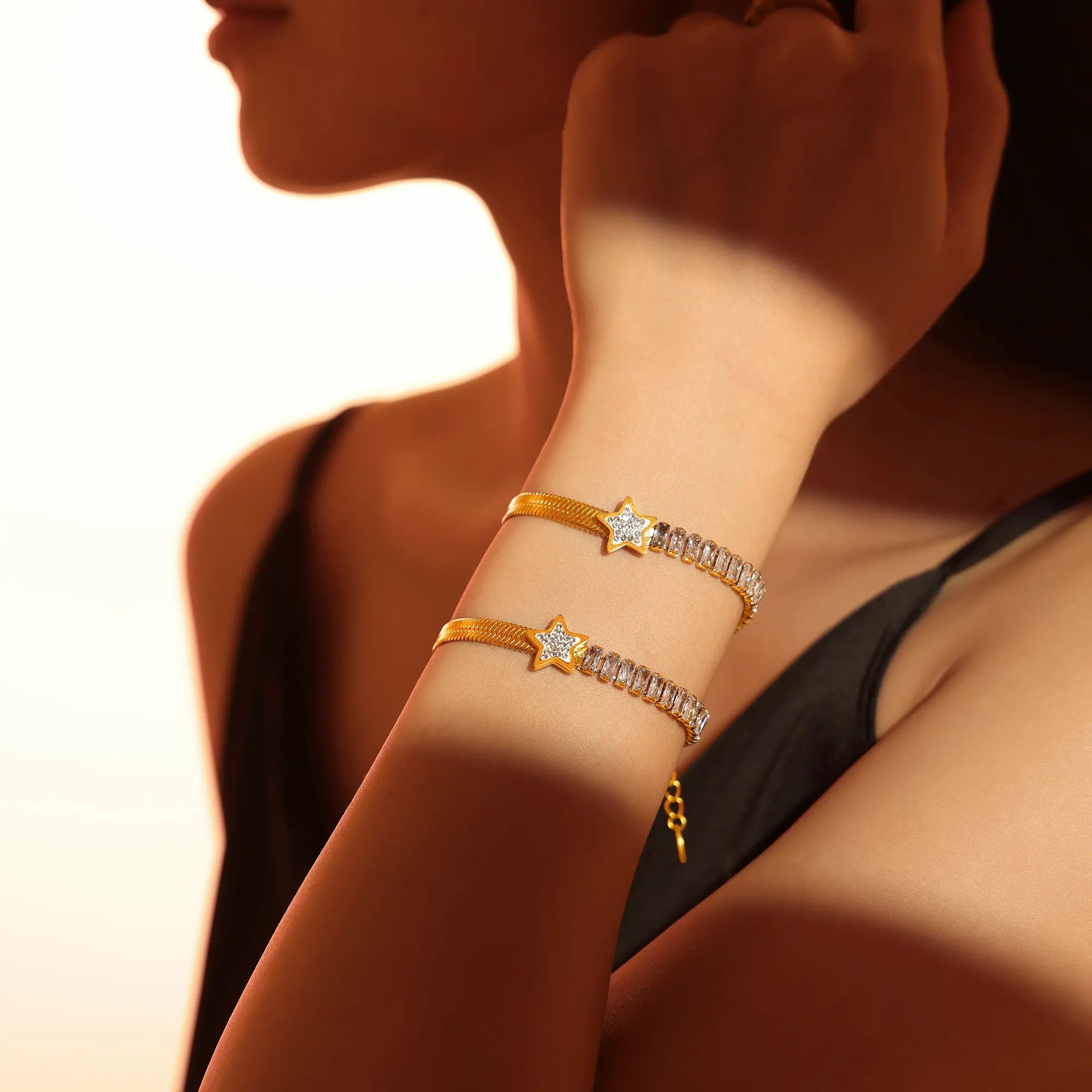 18K Gold Plated Star Baguette Cubic Zirconia Herringbone Bracelet