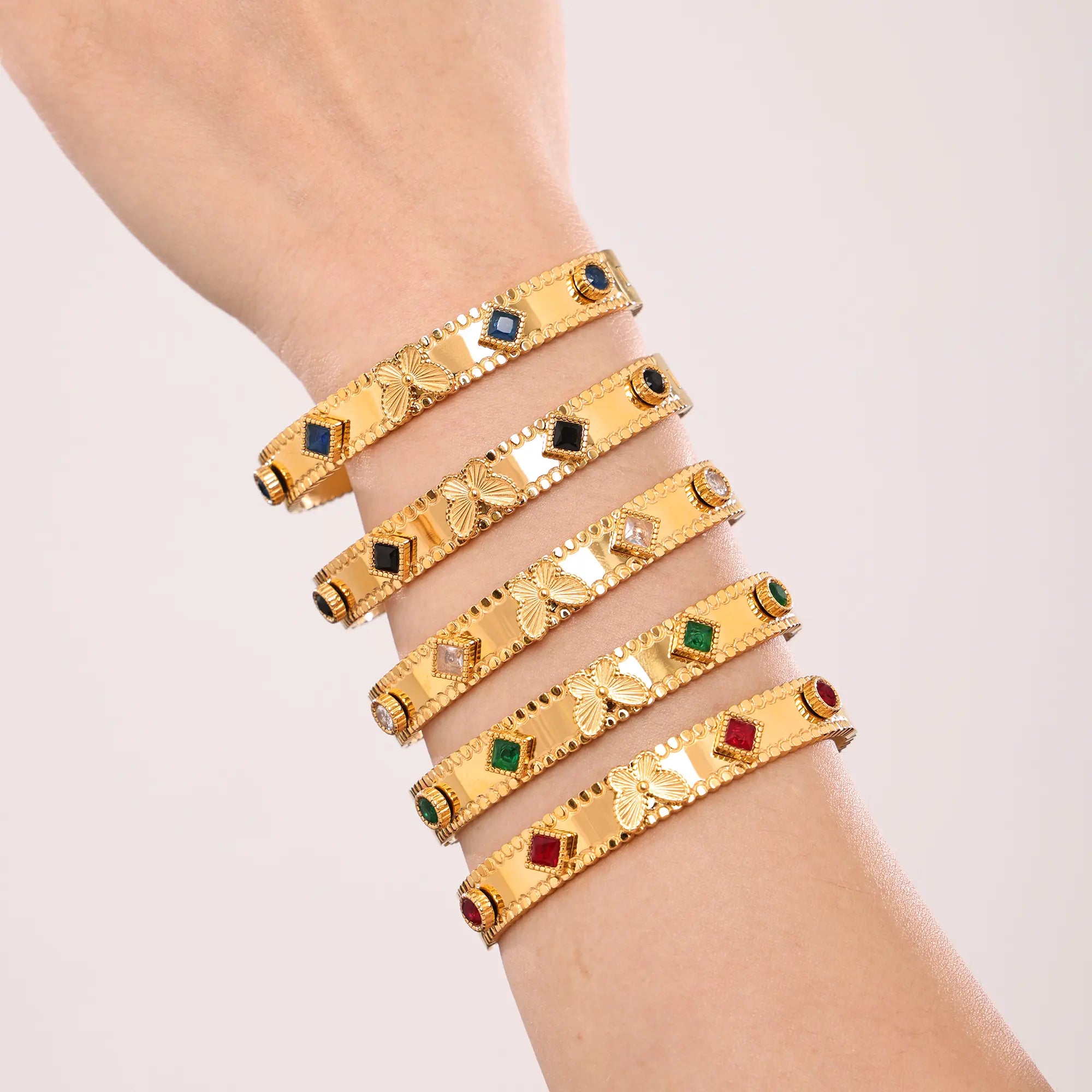 Vintage Beaded Gear Edge Crystal Gemstone Butterfly Bangle