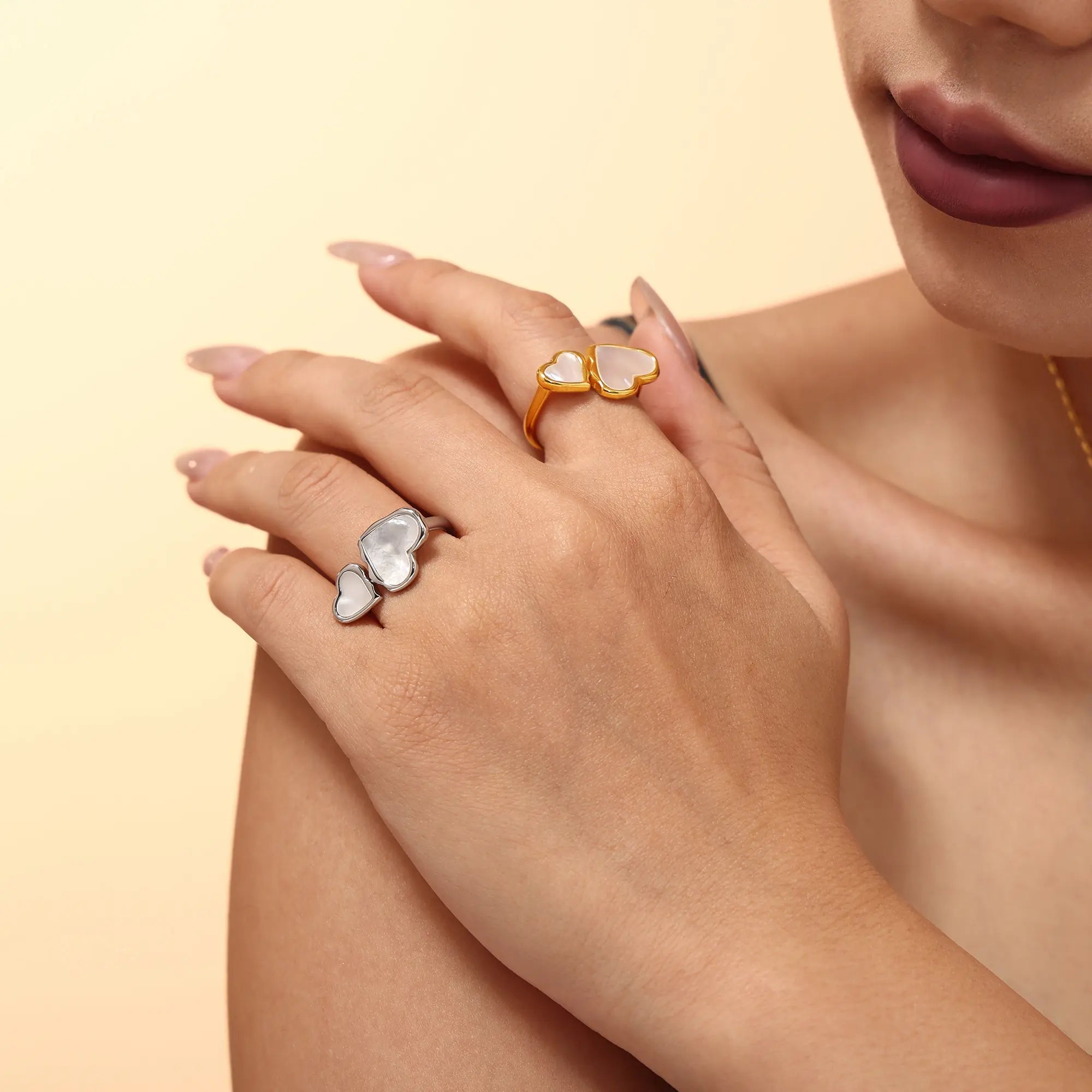 Minimalist Mother of Pearl Double Heart Open Ring