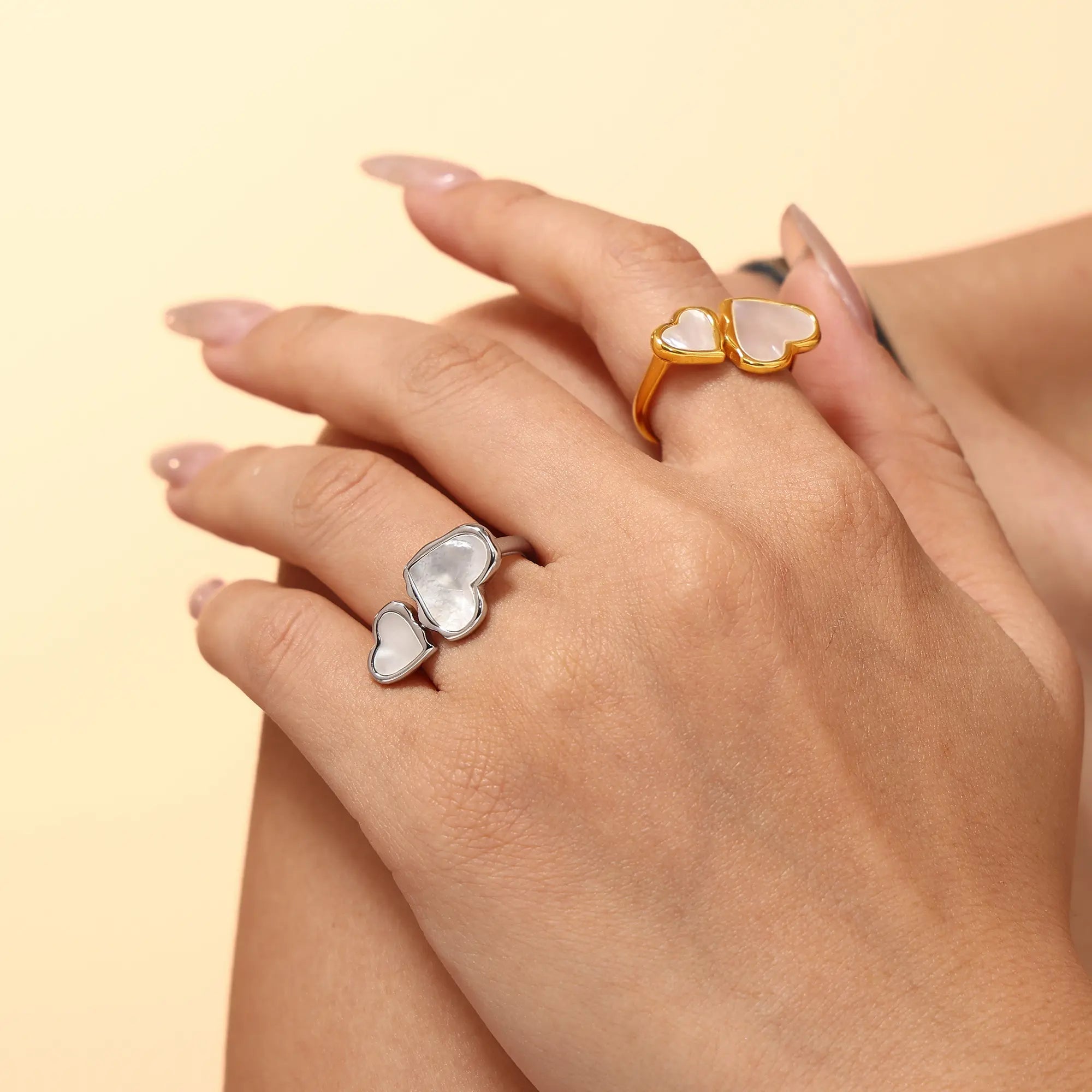 Minimalist Mother of Pearl Double Heart Open Ring