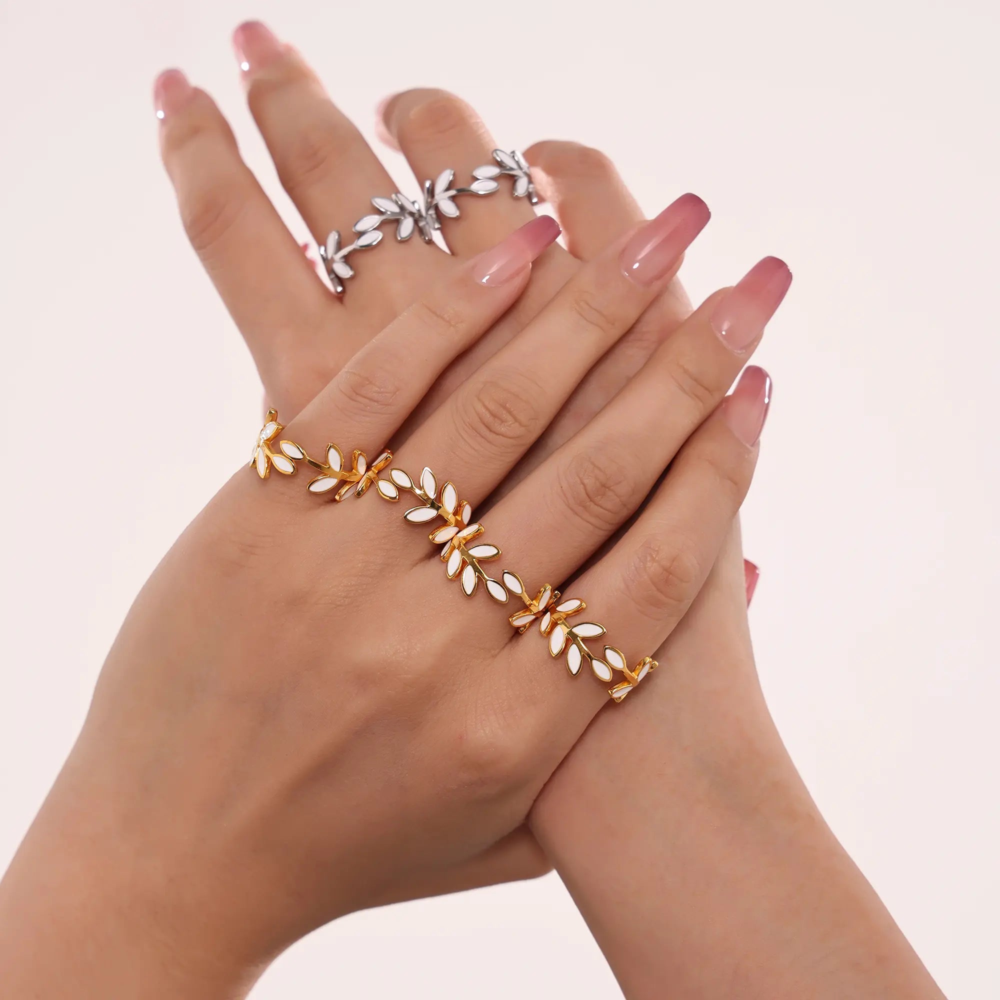 French Enamel Olive Leaf Vine Ring