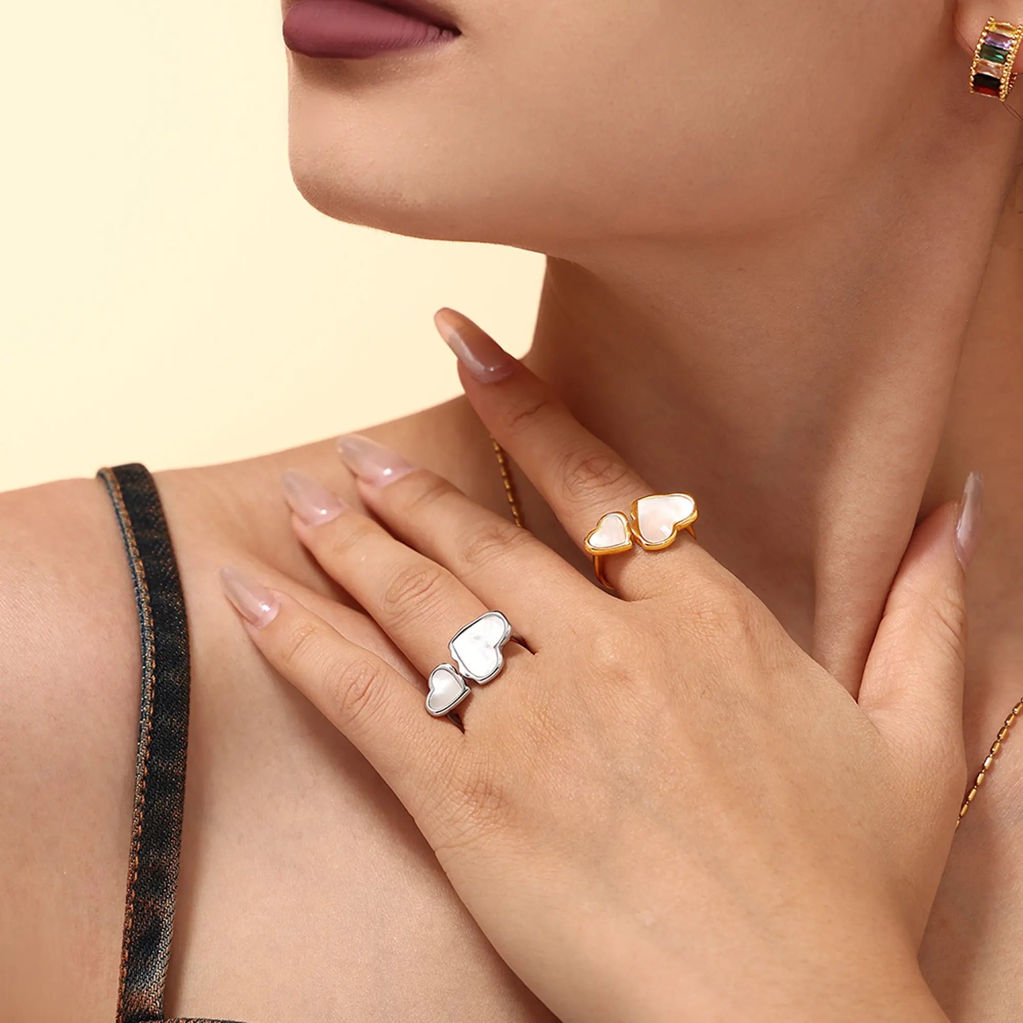 Minimalist Mother of Pearl Double Heart Open Ring
