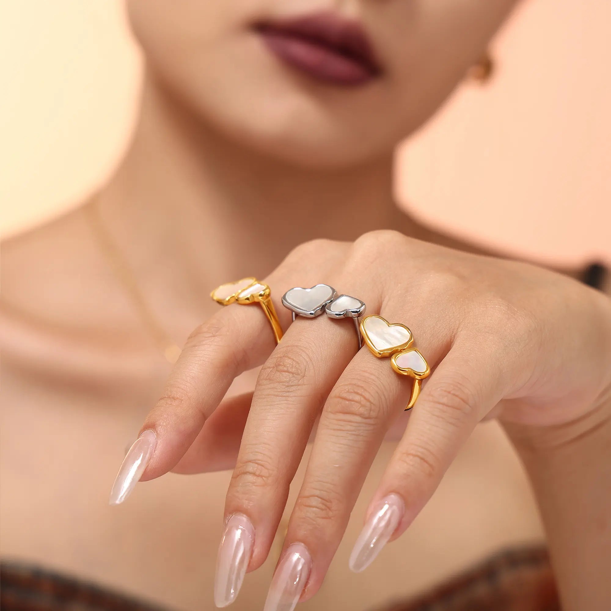 Minimalist Mother of Pearl Double Heart Open Ring
