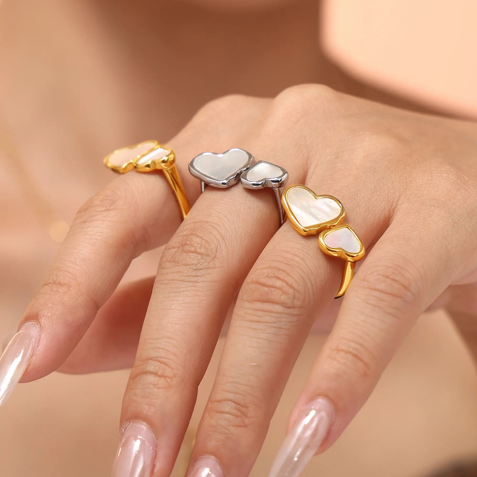 Minimalist Mother of Pearl Double Heart Open Ring