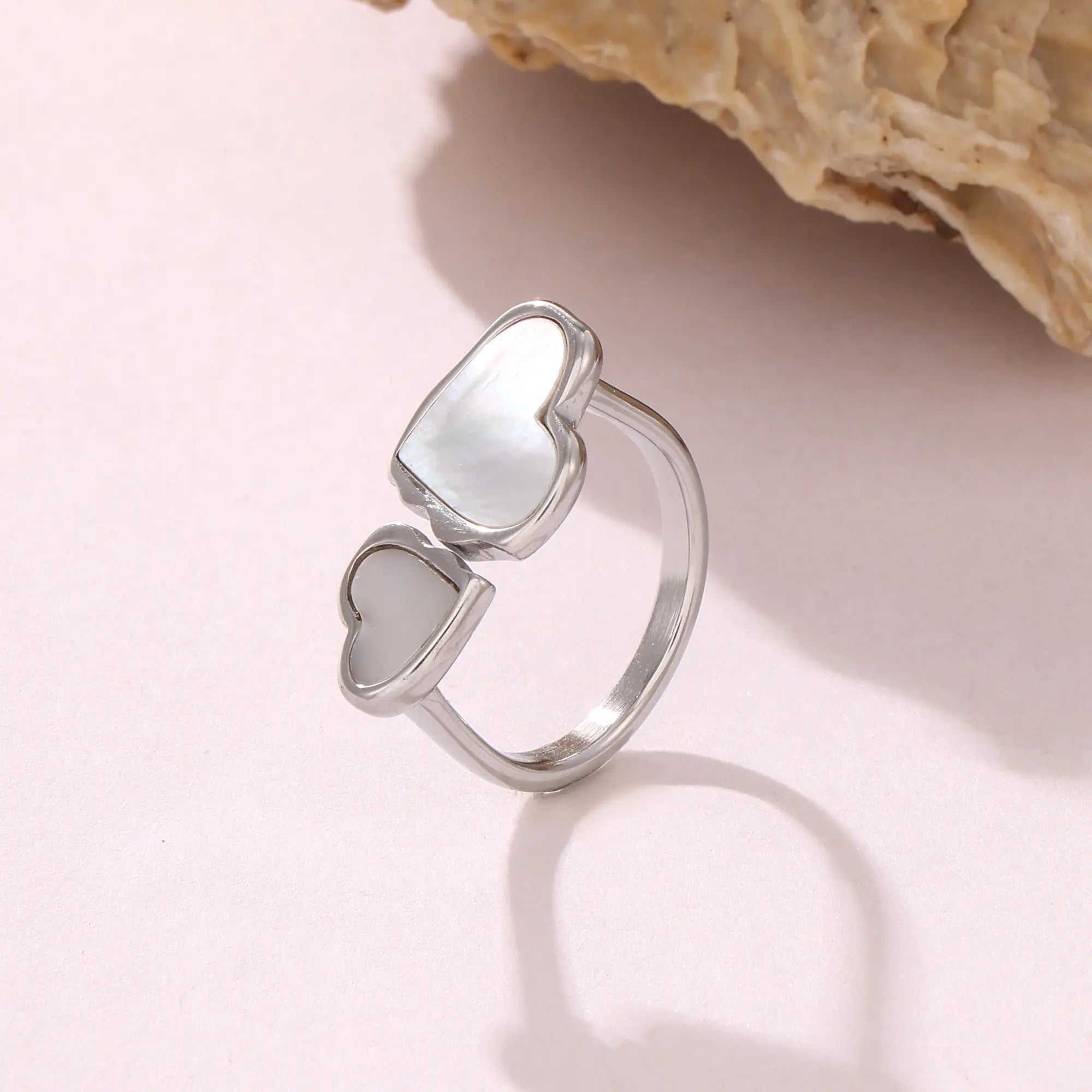 Minimalist Mother of Pearl Double Heart Open Ring