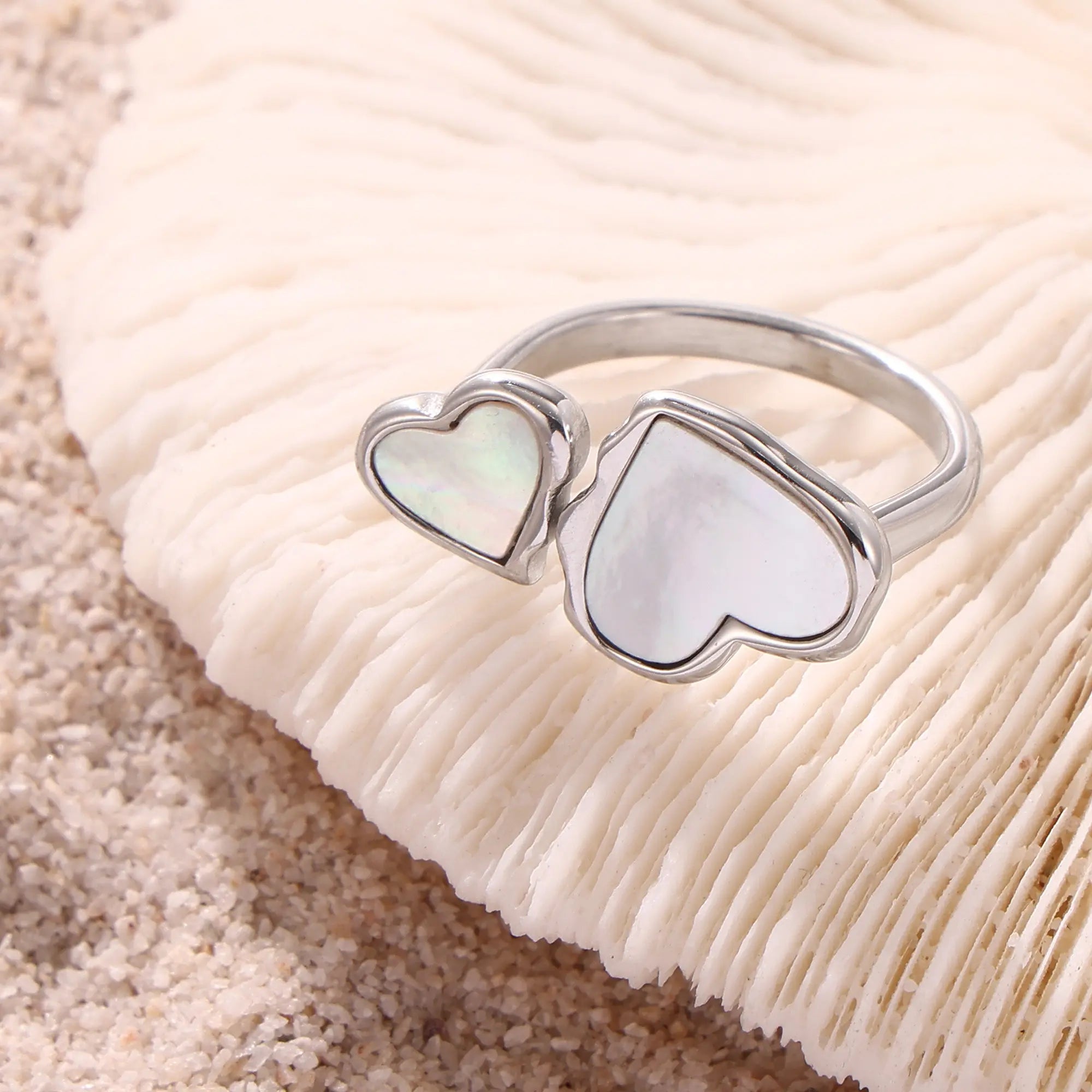 Minimalist Mother of Pearl Double Heart Open Ring