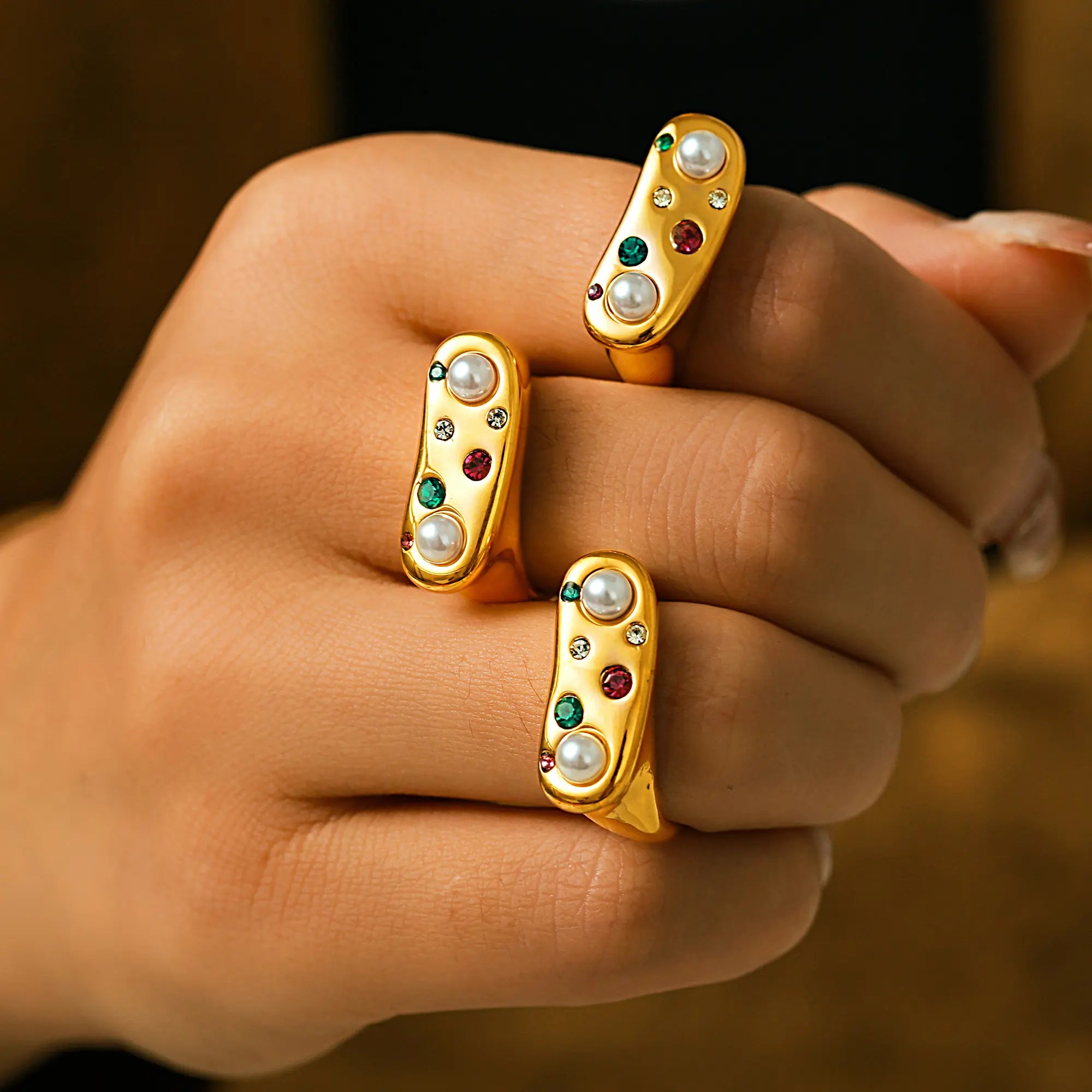 Vintage Colorful Crystal Pearl Open Ring