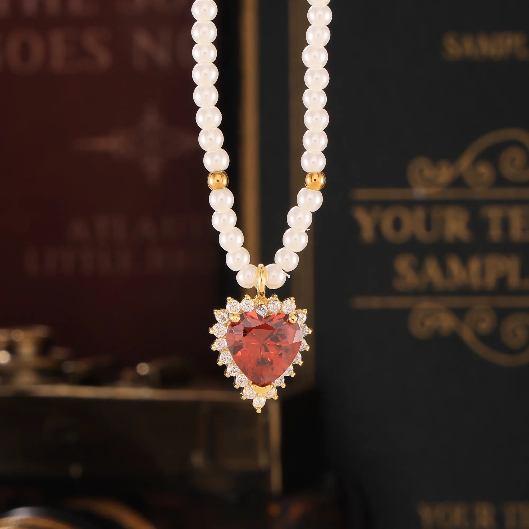Vintage CZ Zirconia Heart Pendant Pearl Necklace