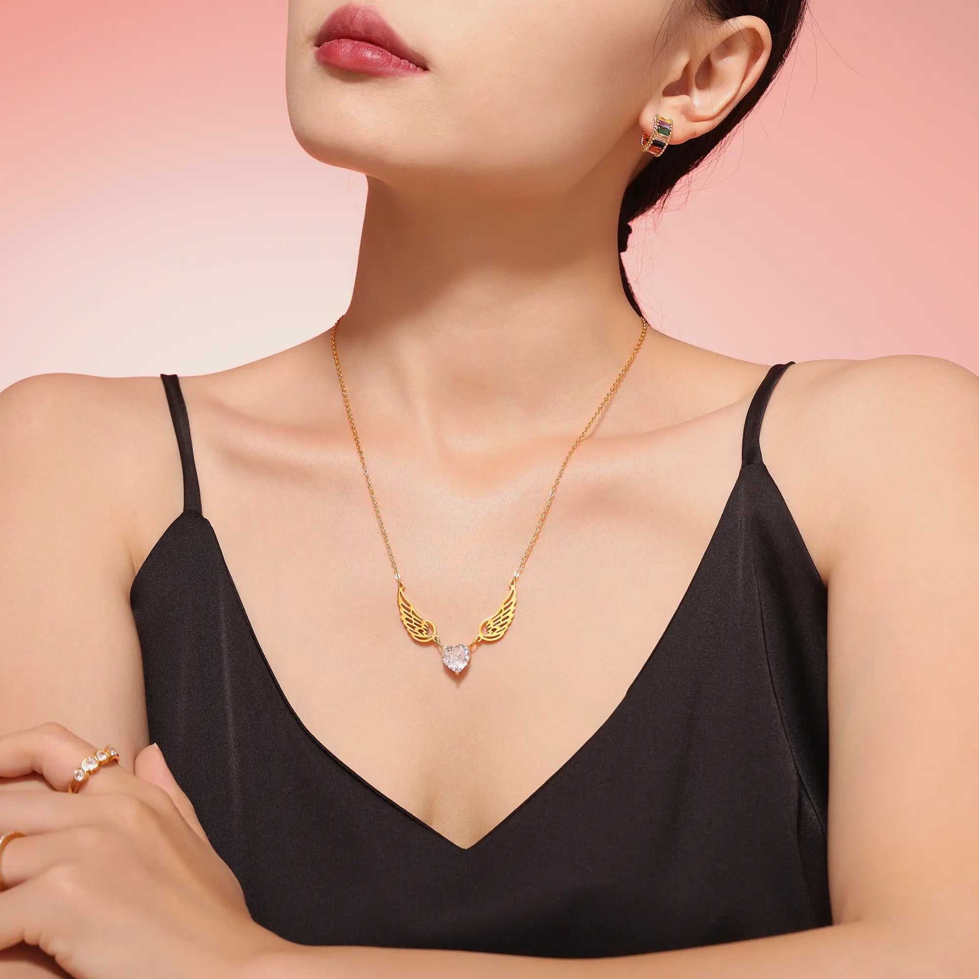 Angel Wings Heart Cubic Zirconia Pendant Necklace