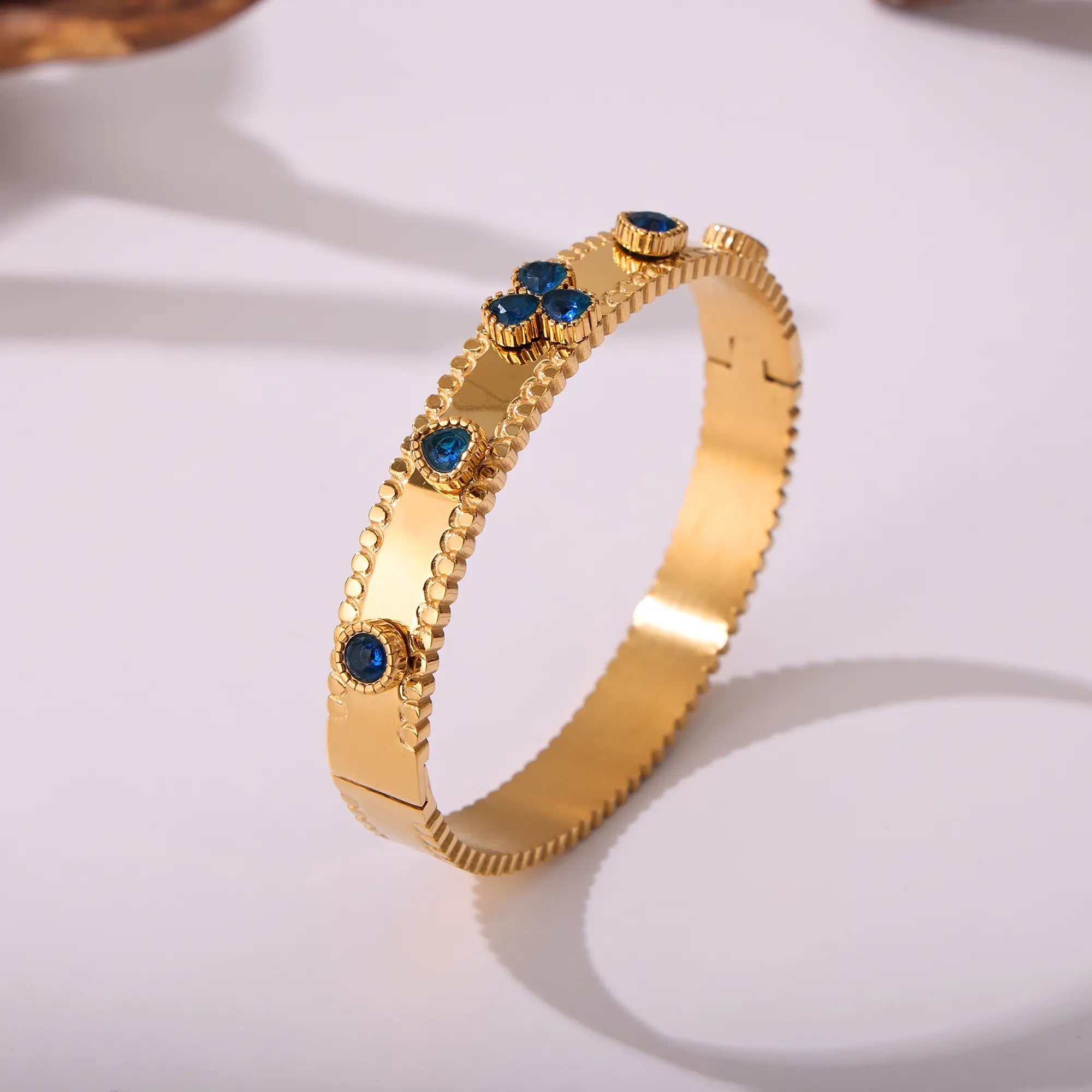 18K Gold Plated Clover Gemstone Hinged Bangle Bracelet