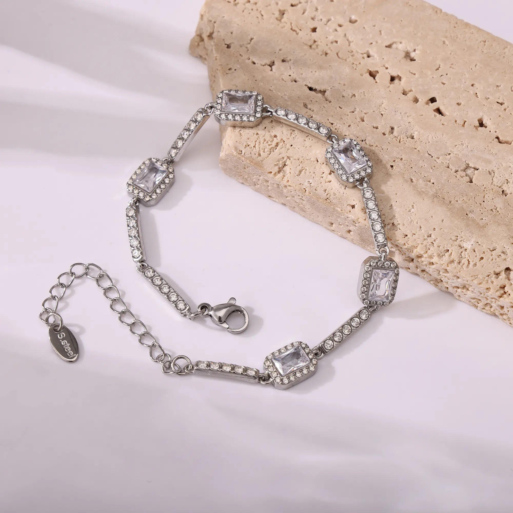 18K Gold Plated Emerald Cut CZ Geometric Station Bracelet