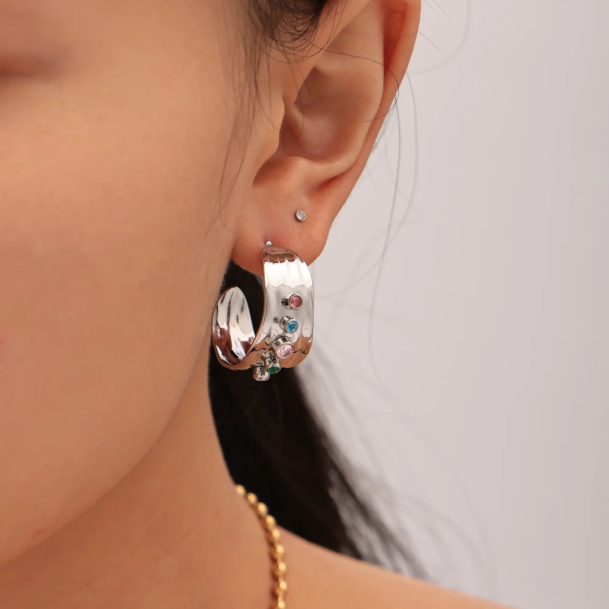 Textured Gemstone Hoop Earrings & Adjustable Ring