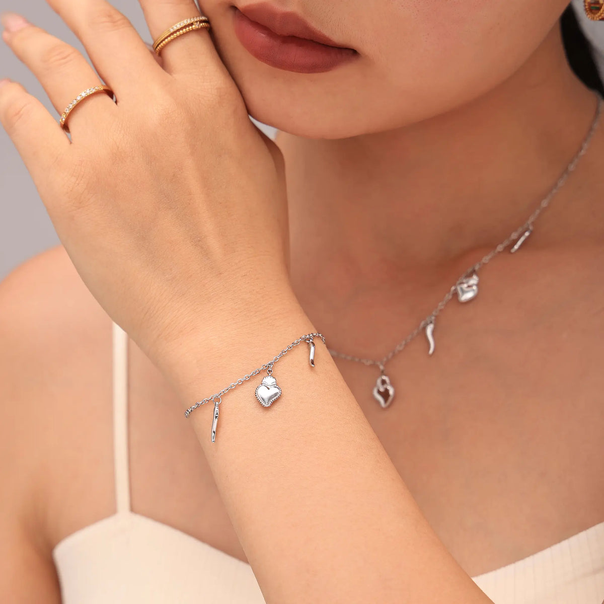 Sacred Heart & Italian Horn Charm Layered Necklace & Bracelet Set