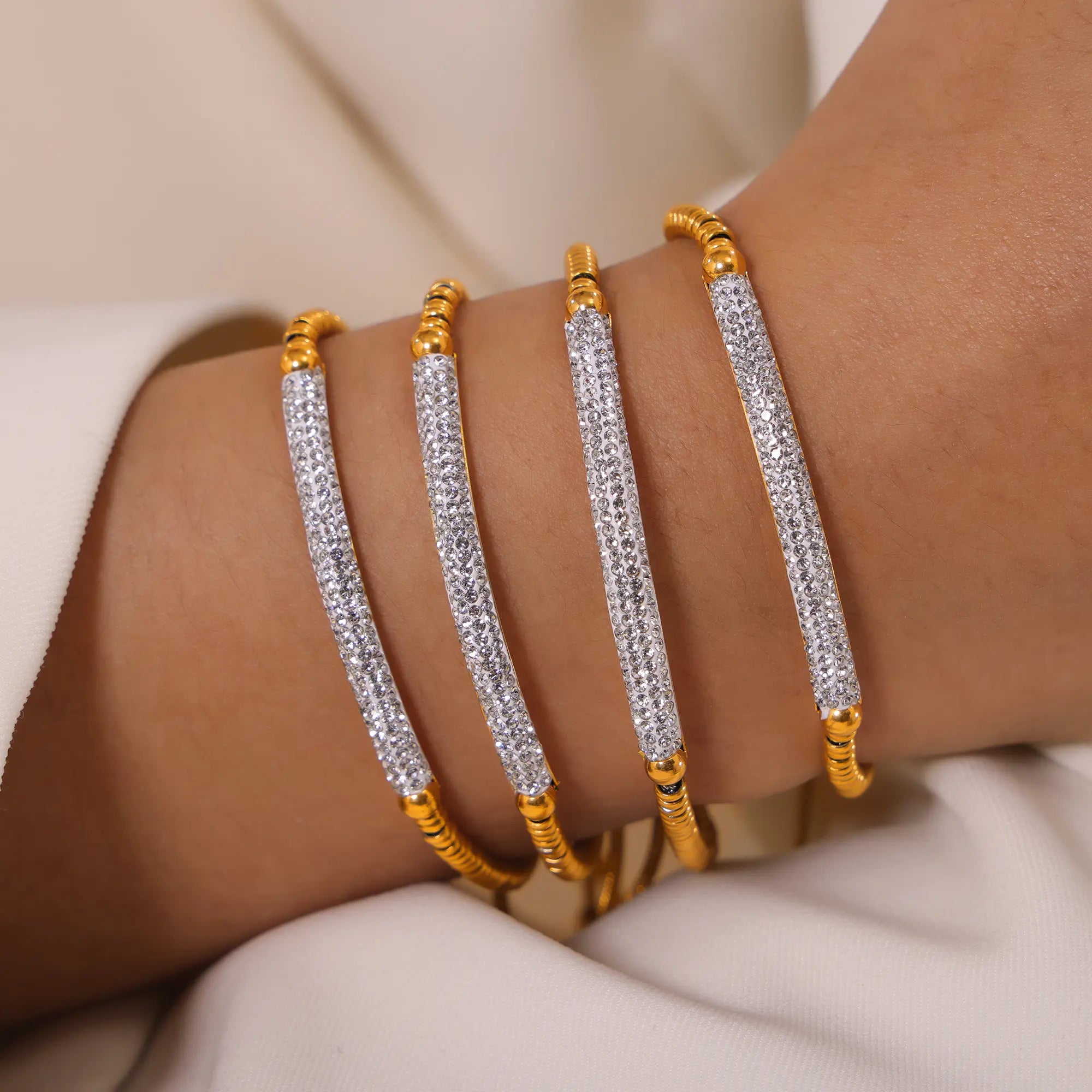 18K Gold Plated Curved Pave CZ Bar Snake Chain Slider Bracelet