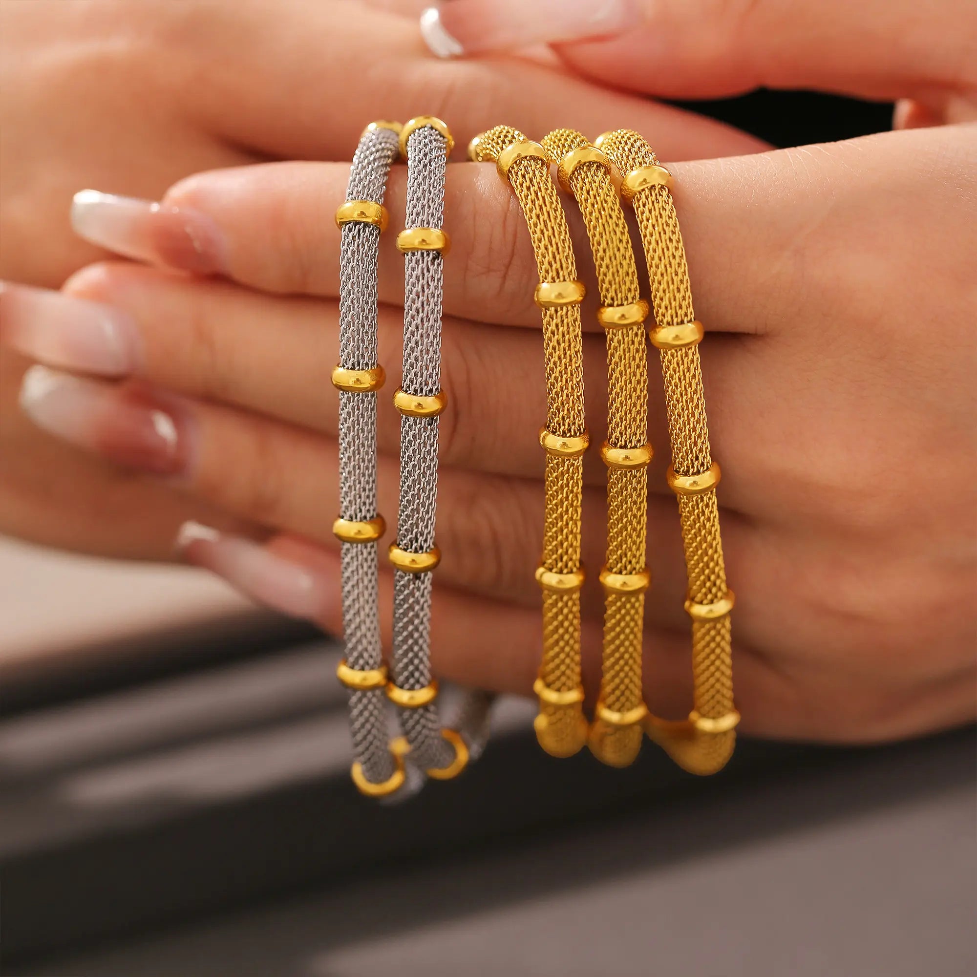 18K Gold Bamboo Mesh Chain Bracelet