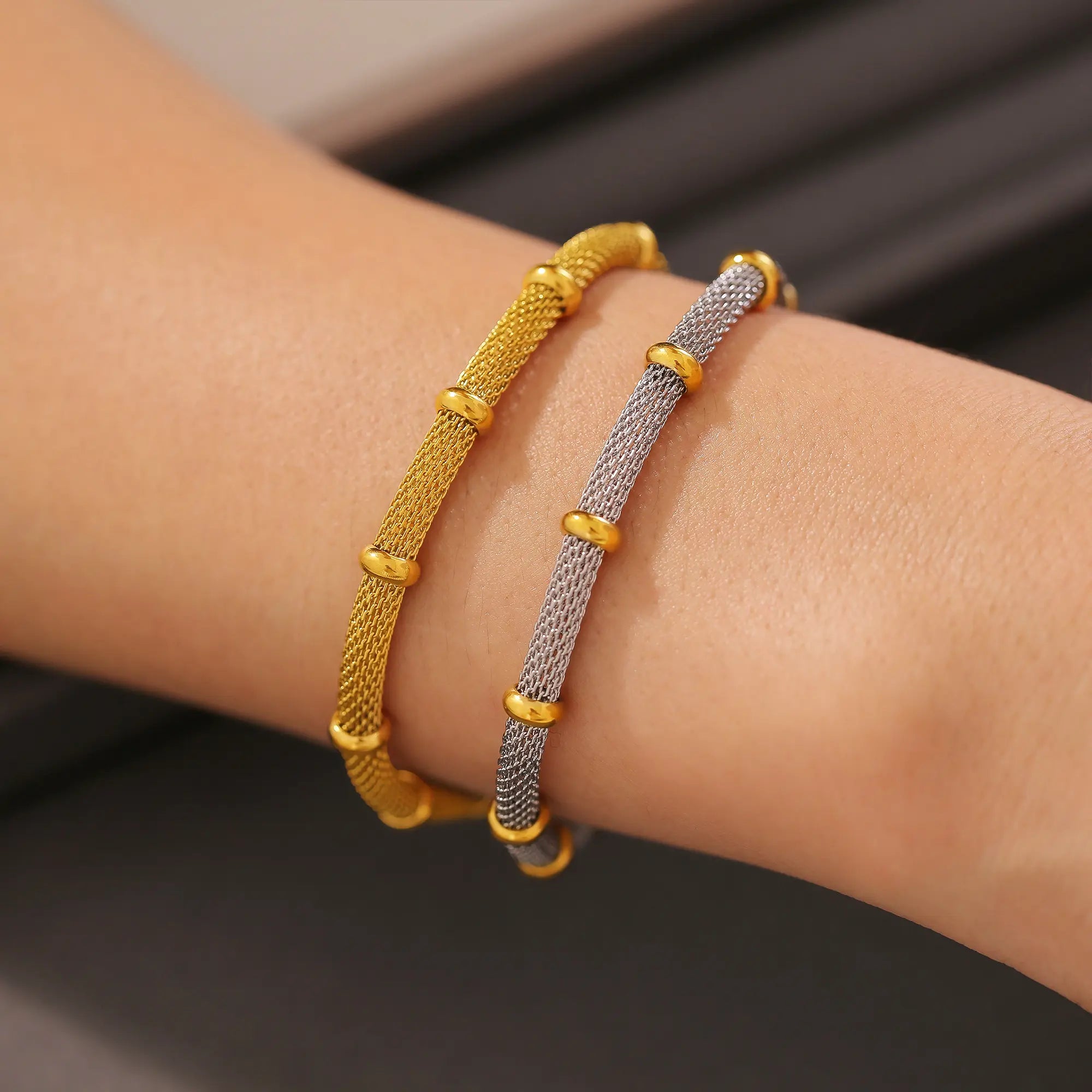 18K Gold Bamboo Mesh Chain Bracelet