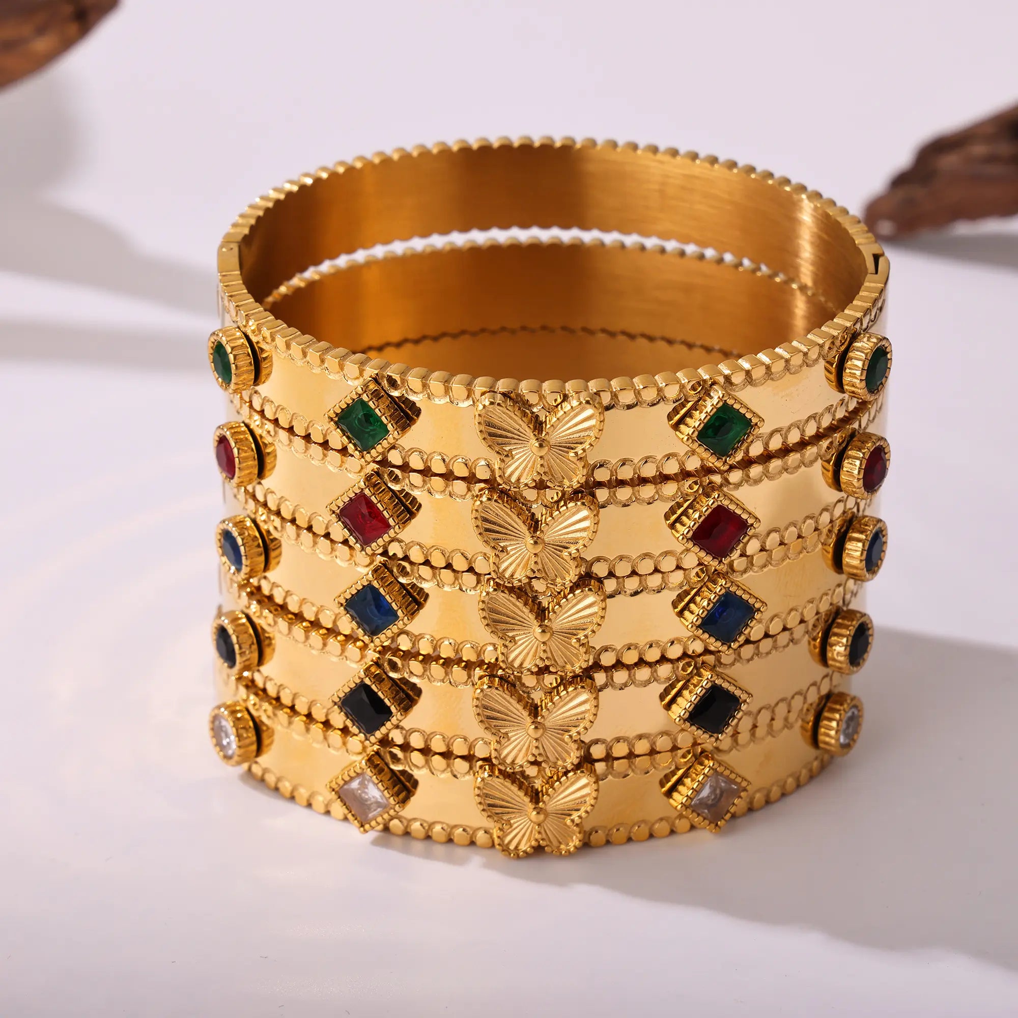 Vintage Beaded Gear Edge Crystal Gemstone Butterfly Bangle